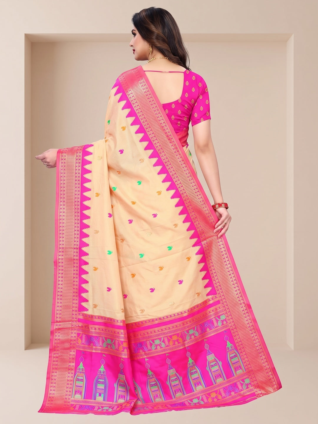 Peachmode Cream and Pink Pure Silk Kalash Woven Saree - Image 5