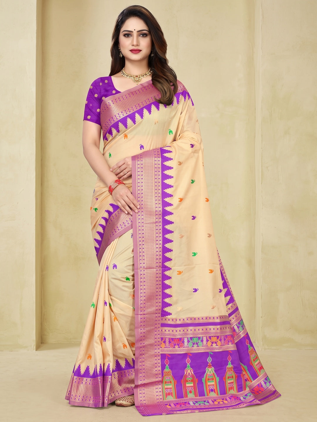 Peachmode Cream and Purple Pure Silk Kalash Woven Saree - Image 1