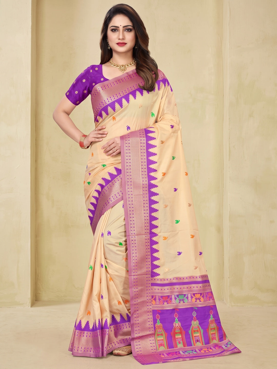 Peachmode Cream and Purple Pure Silk Kalash Woven Saree - Image 2