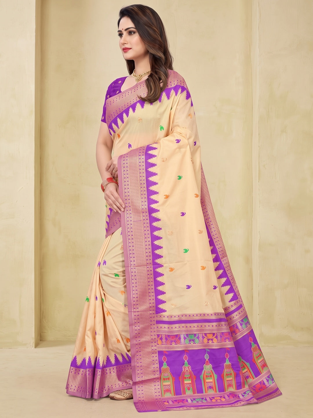 Peachmode Cream and Purple Pure Silk Kalash Woven Saree - Image 3