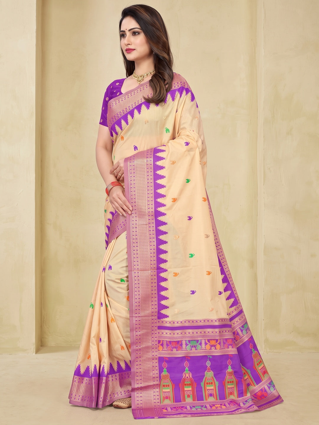 Peachmode Cream and Purple Pure Silk Kalash Woven Saree - Image 4