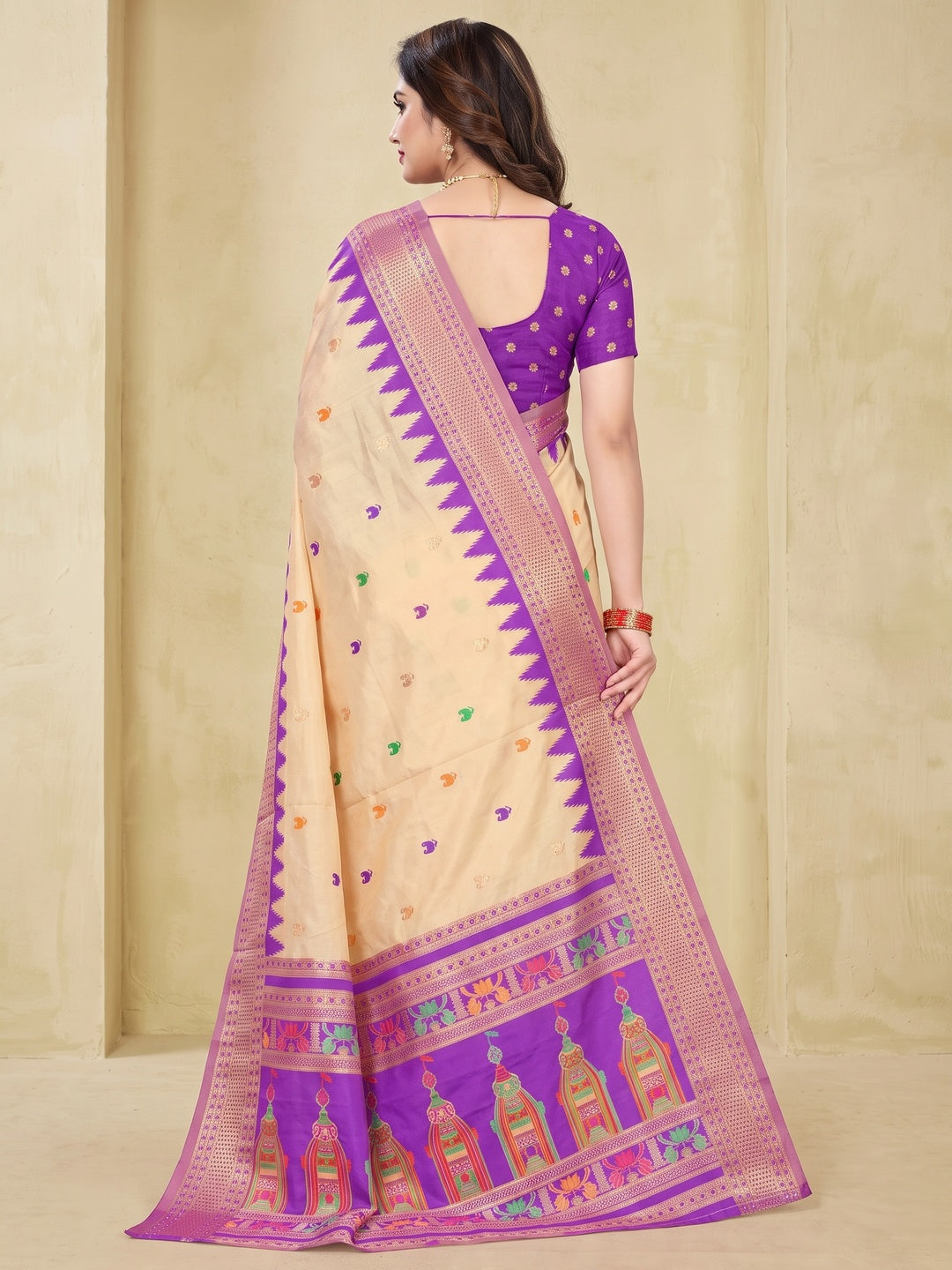 Peachmode Cream and Purple Pure Silk Kalash Woven Saree - Image 5