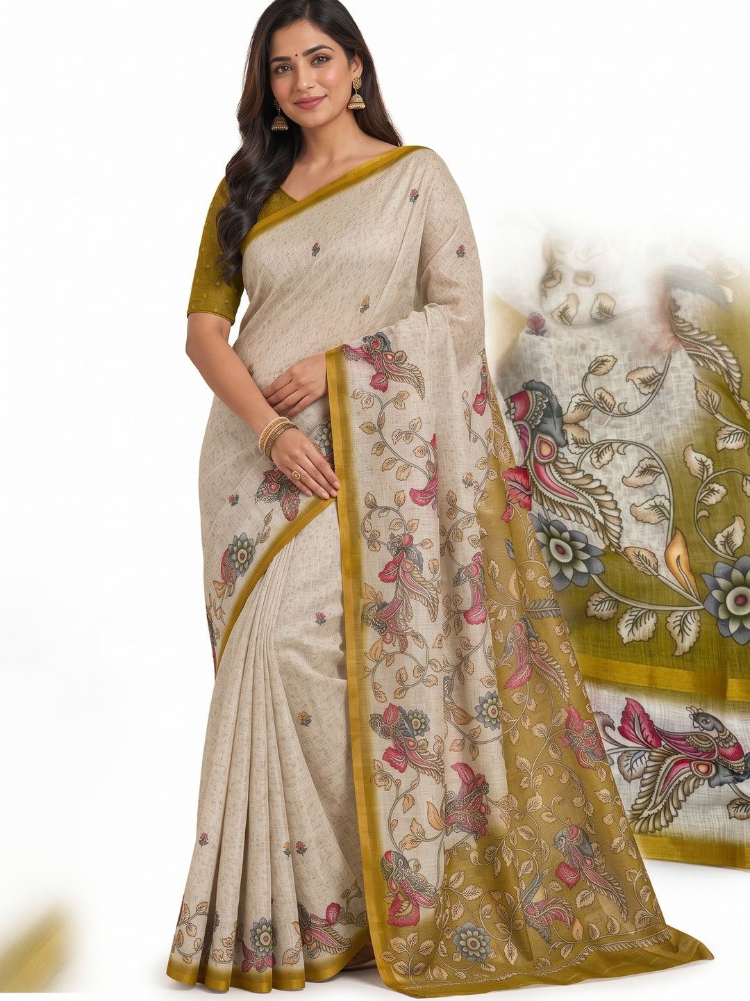 Peachmode Mustard Linen Cotton Digital Printed Saree - Image 4
