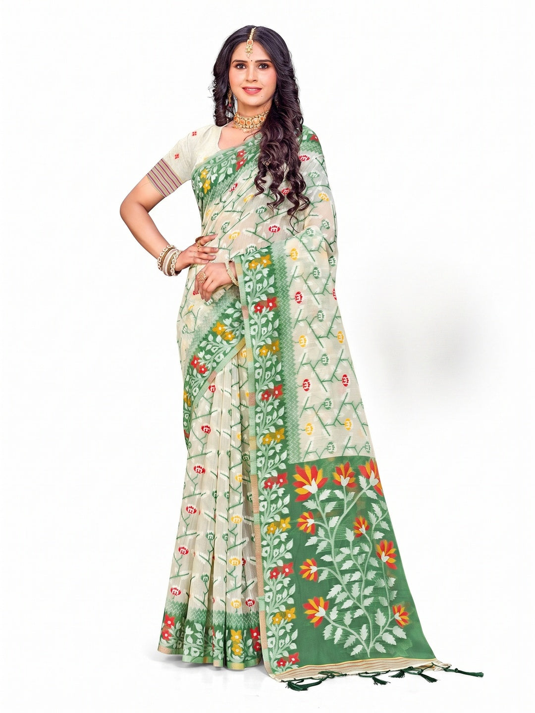 Peachmode Green Cotton Blend Saree - Image 4