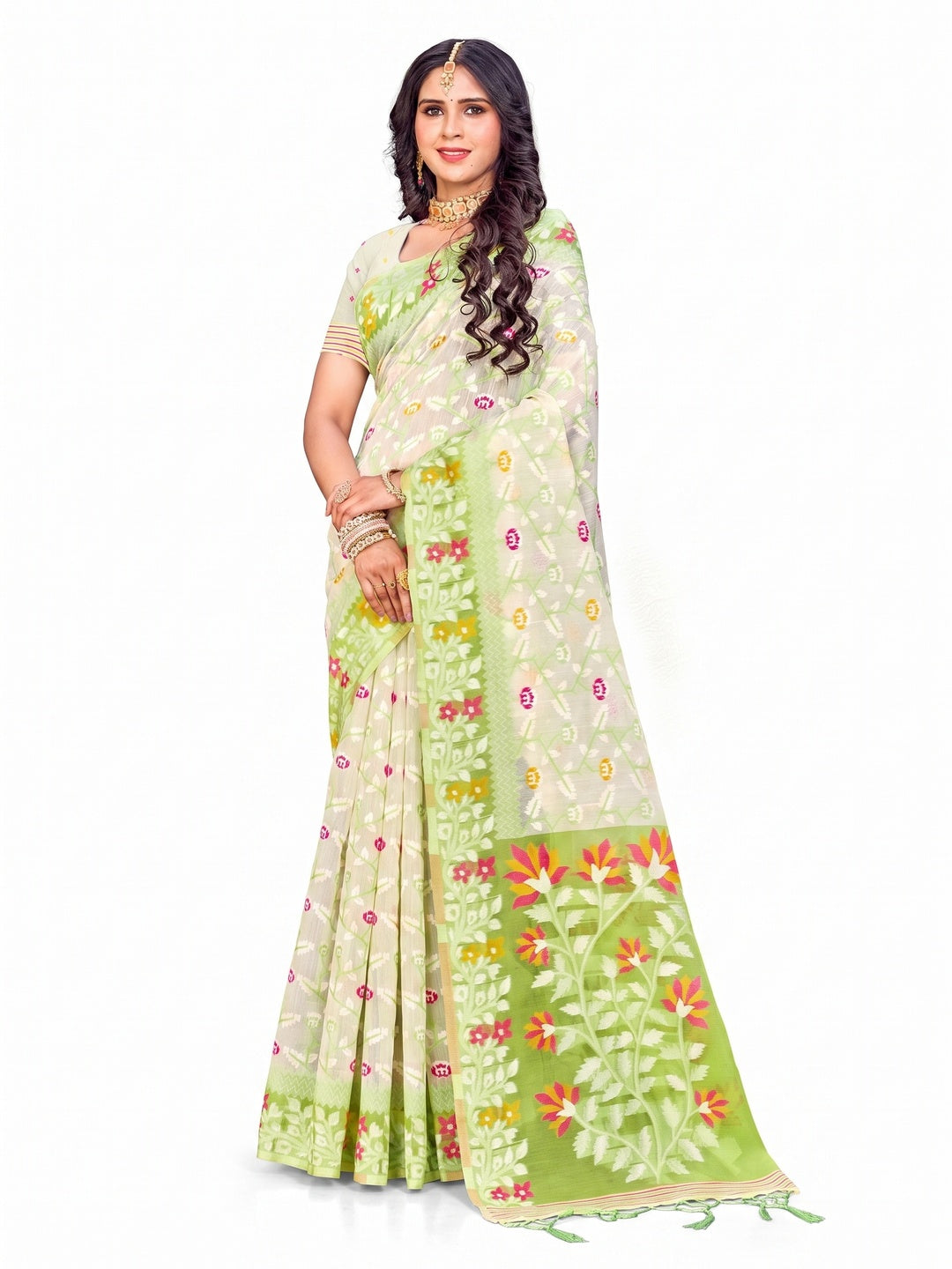 Peachmode Parrot Green Cotton Blend Saree - Image 4