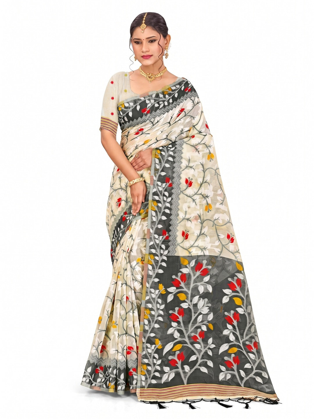 Peachmode Grey Cotton Blend Kashish Saree - Image 4