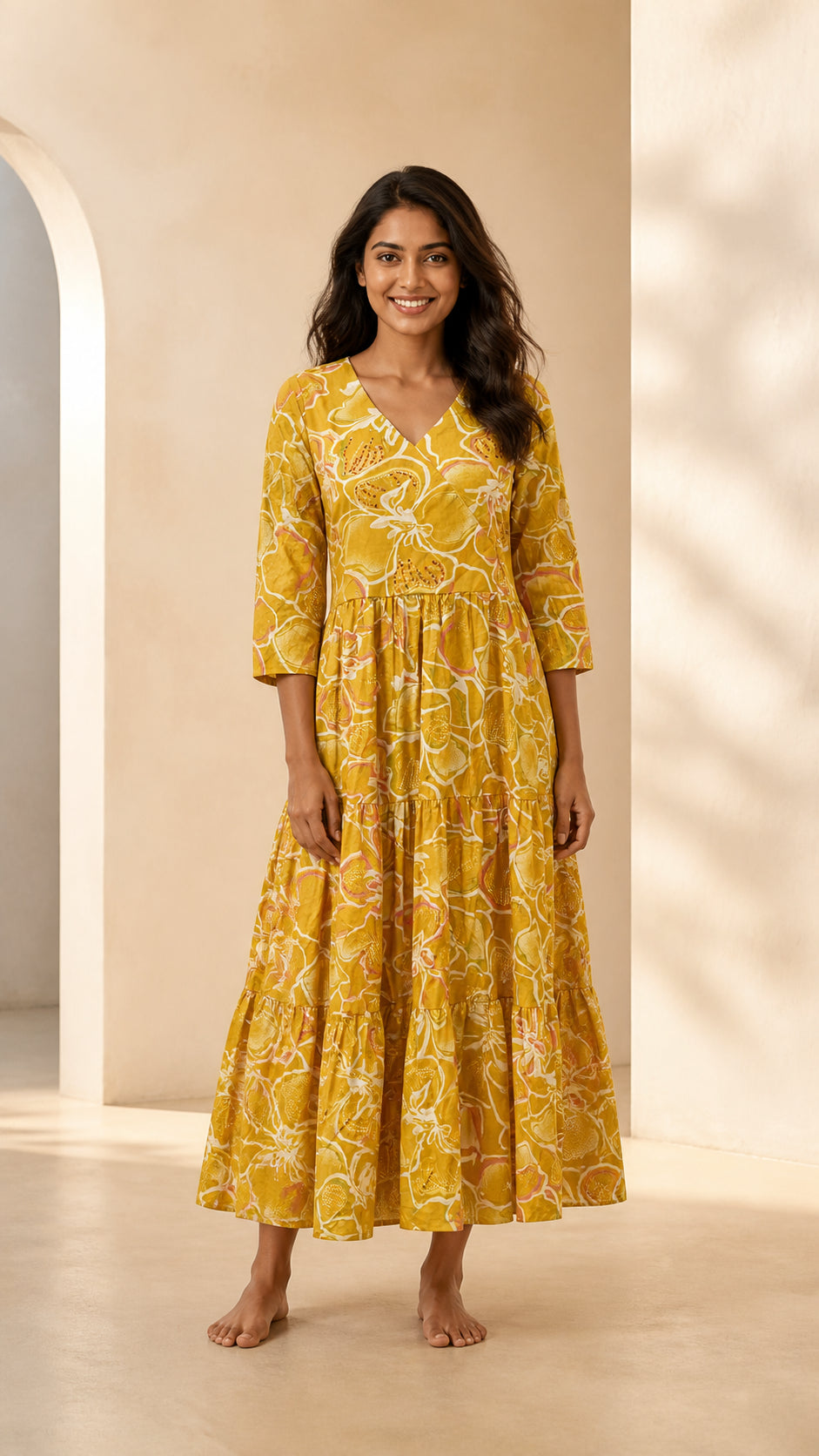 Peachmode Yellow Pure Cotton Floral Tiered Embellished Maxi Dress - Image 1