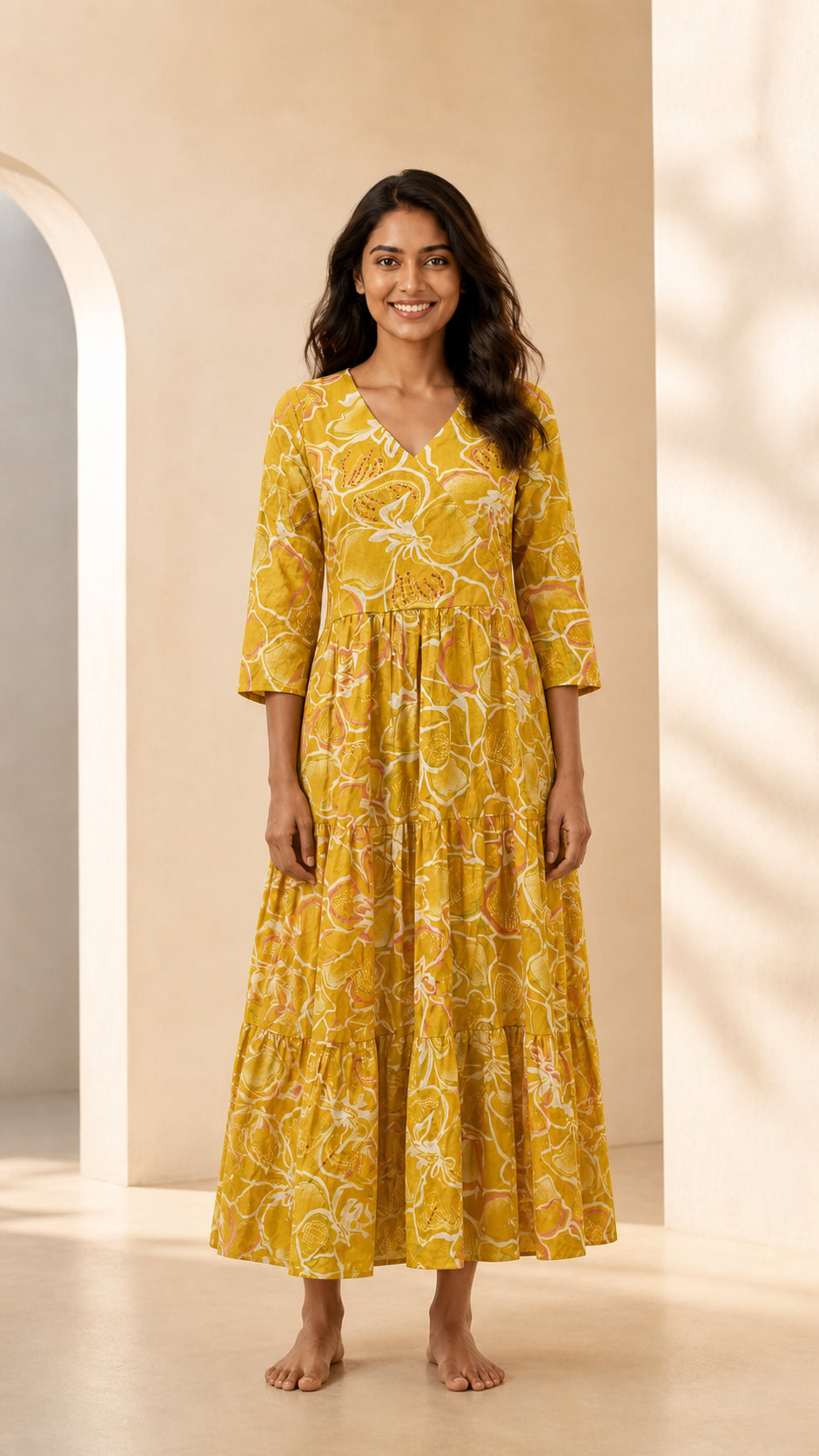 Peachmode Yellow Pure Cotton Floral Tiered Embellished Maxi Dress - Image 2