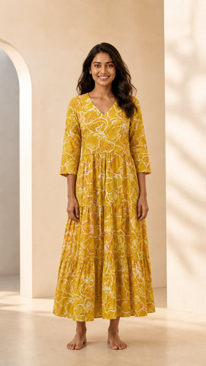 Peachmode Yellow Pure Cotton Floral Tiered Embellished Maxi Dress - Image 2