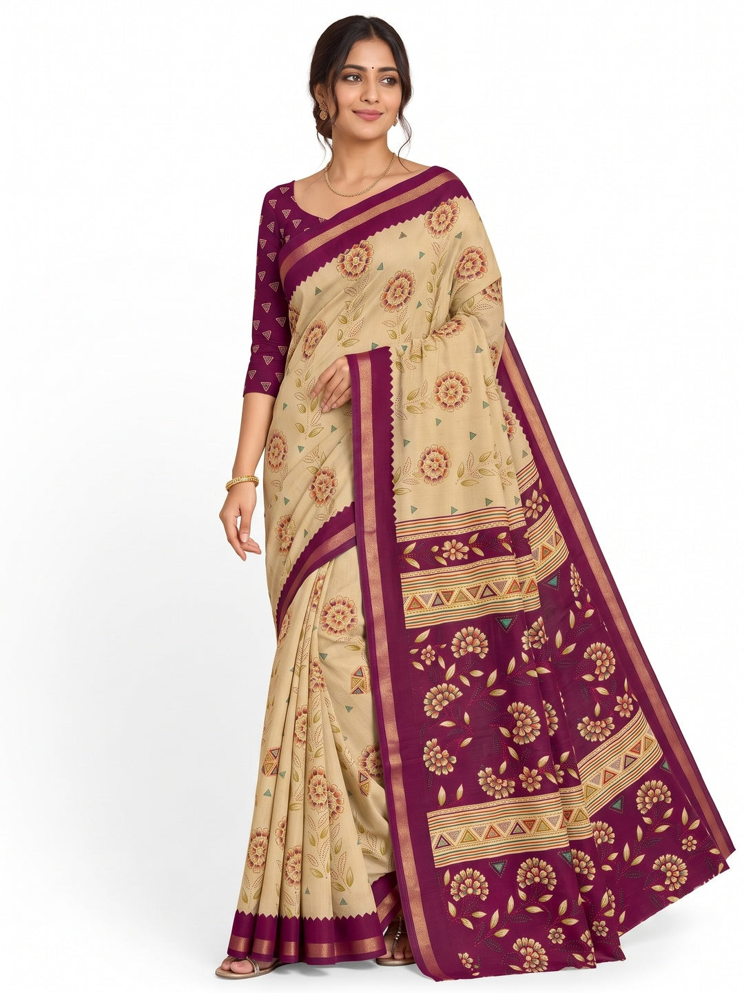 Peachmode Magenta Cotton Blend Floral Printed Saree - Image 4