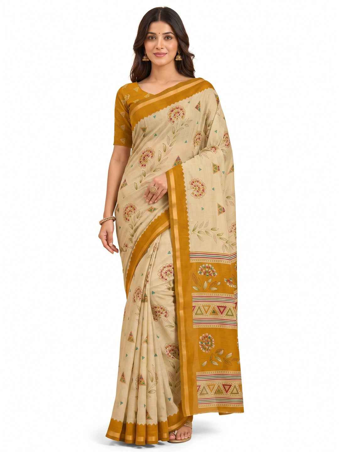 Peachmode Mustard Cotton Blend Floral Printed Saree - Image 4