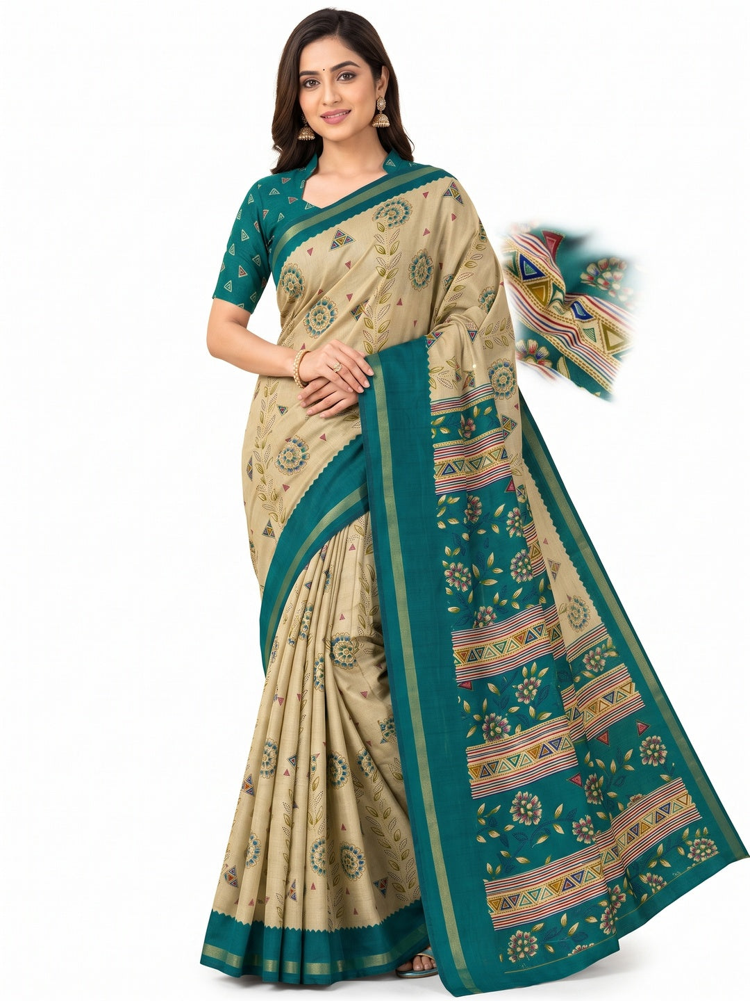 Peachmode Teal Cotton Blend Floral Printed Saree - Image 4