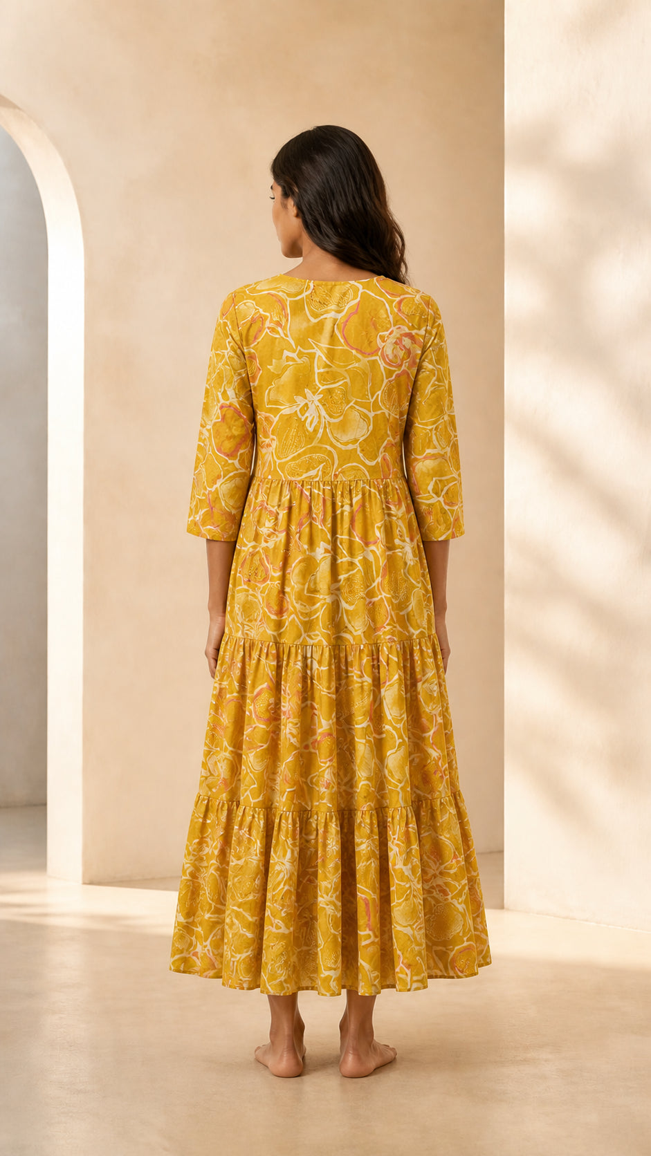 Peachmode Yellow Pure Cotton Floral Tiered Embellished Maxi Dress - Image 4