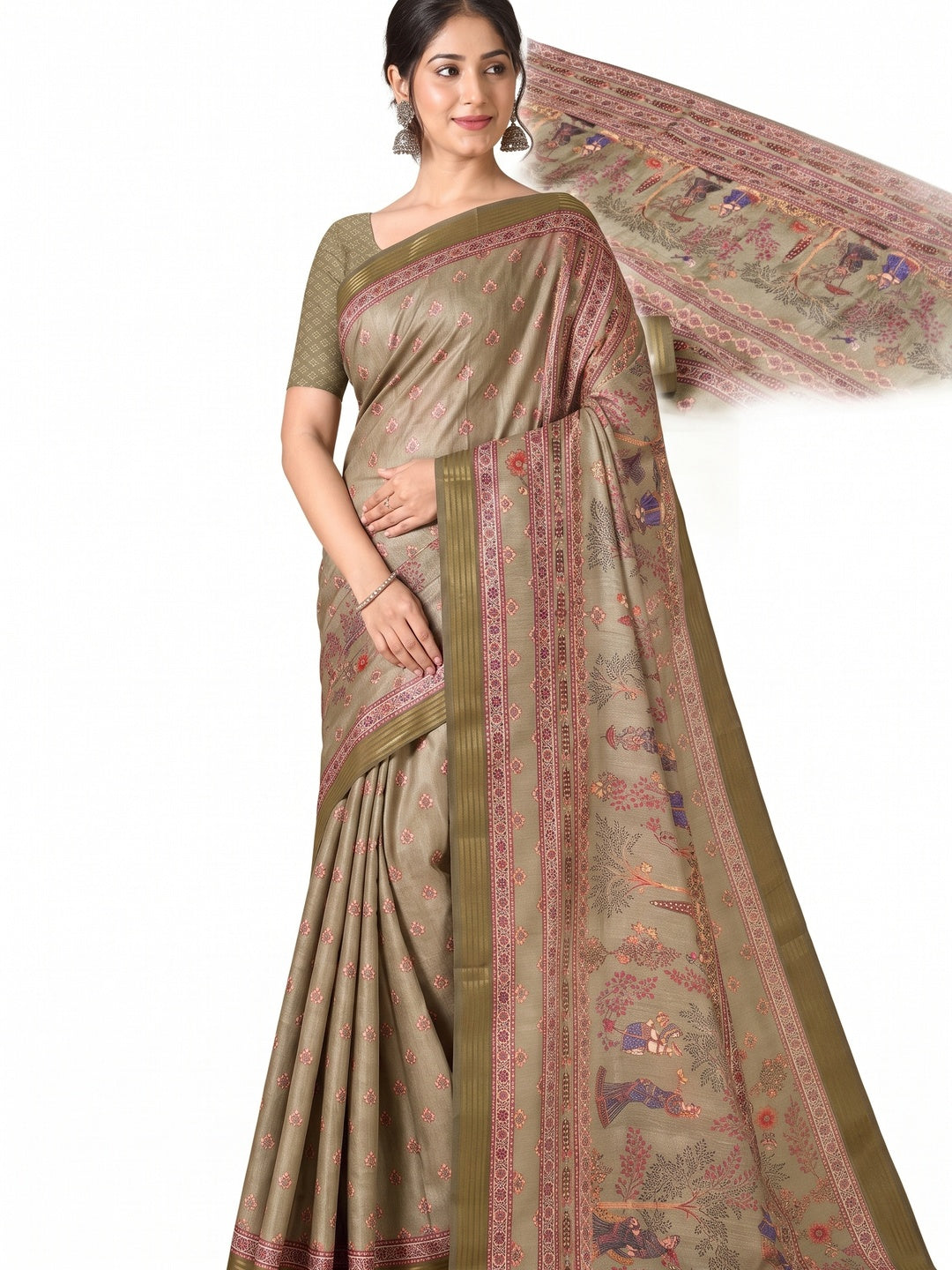 Peachmode Olive Cotton Silk Digital Printed Saree - Image 4