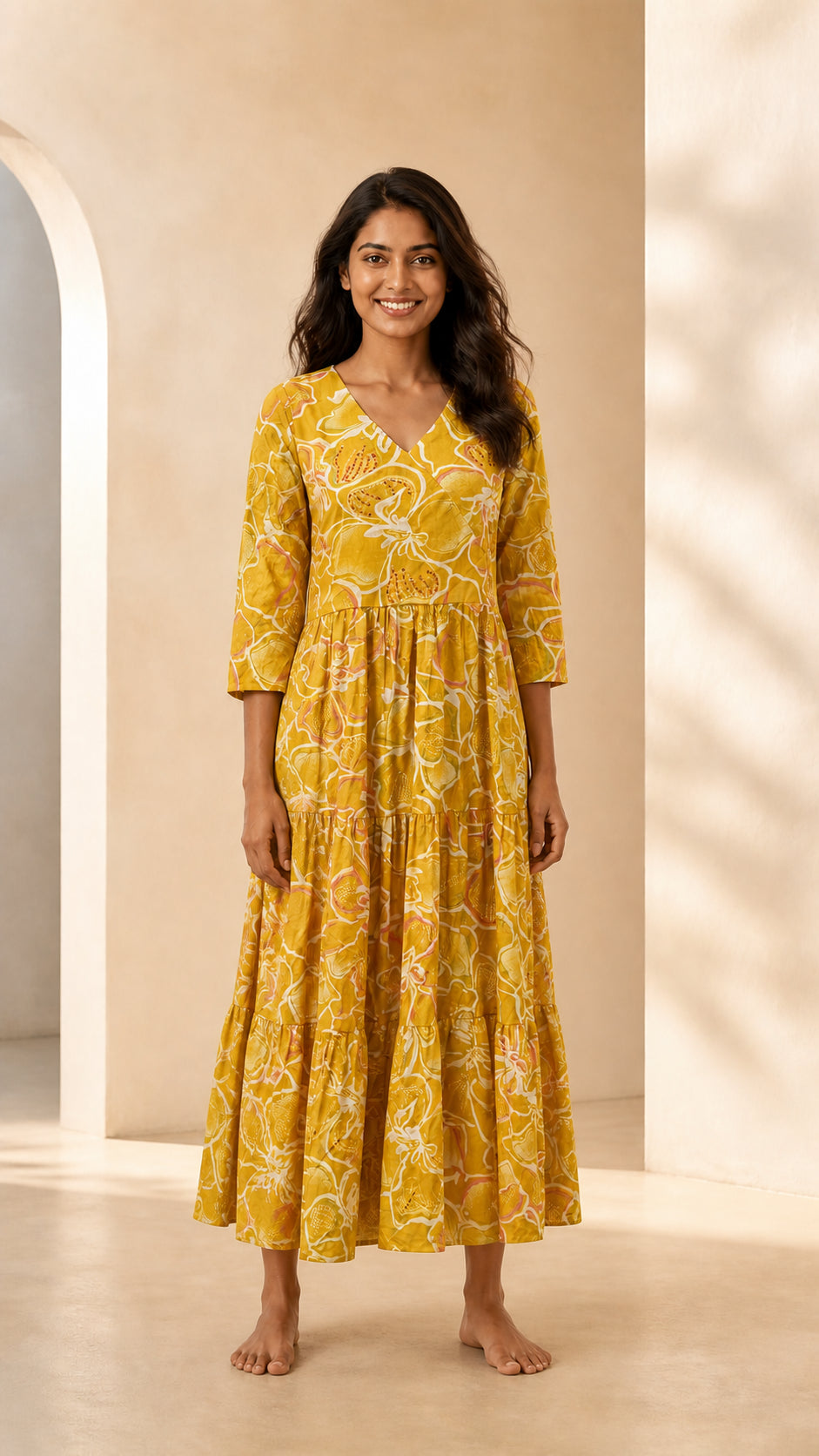 Peachmode Yellow Pure Cotton Floral Tiered Embellished Maxi Dress - Image 5