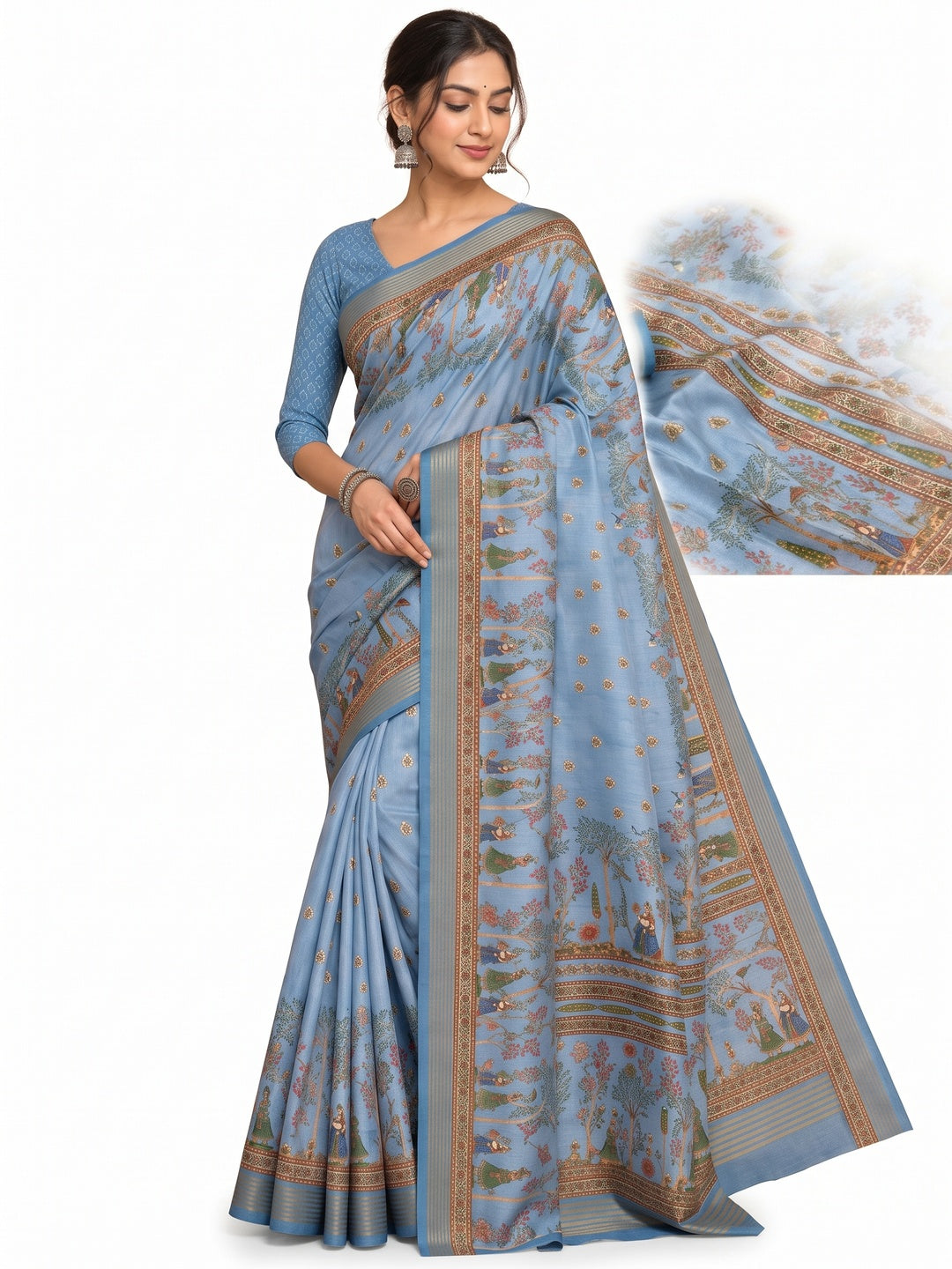 Peachmode Blue Cotton Silk Digital Printed Saree - Image 4