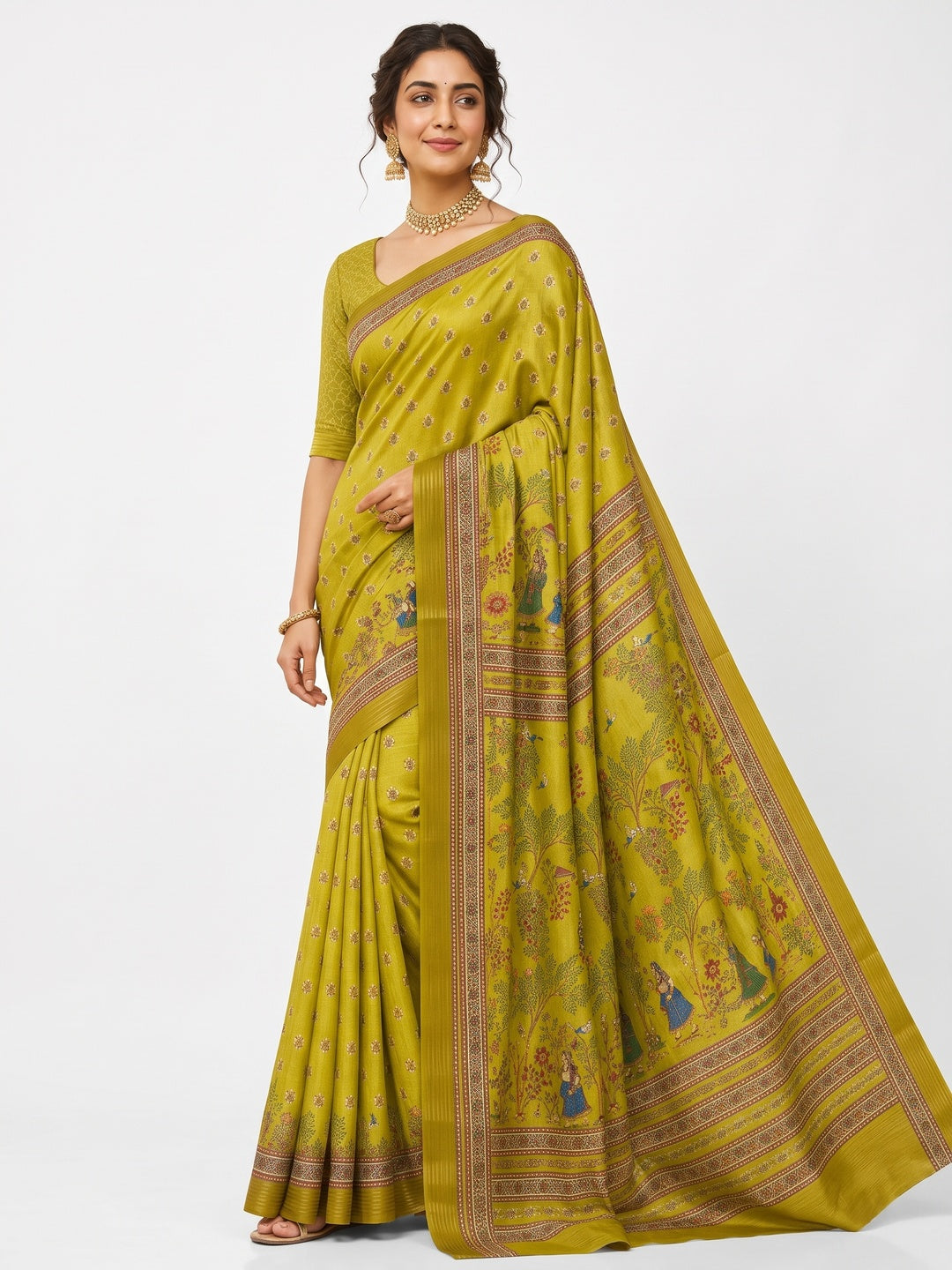 Peachmode Green Cotton Silk Digital Printed Saree - Image 4