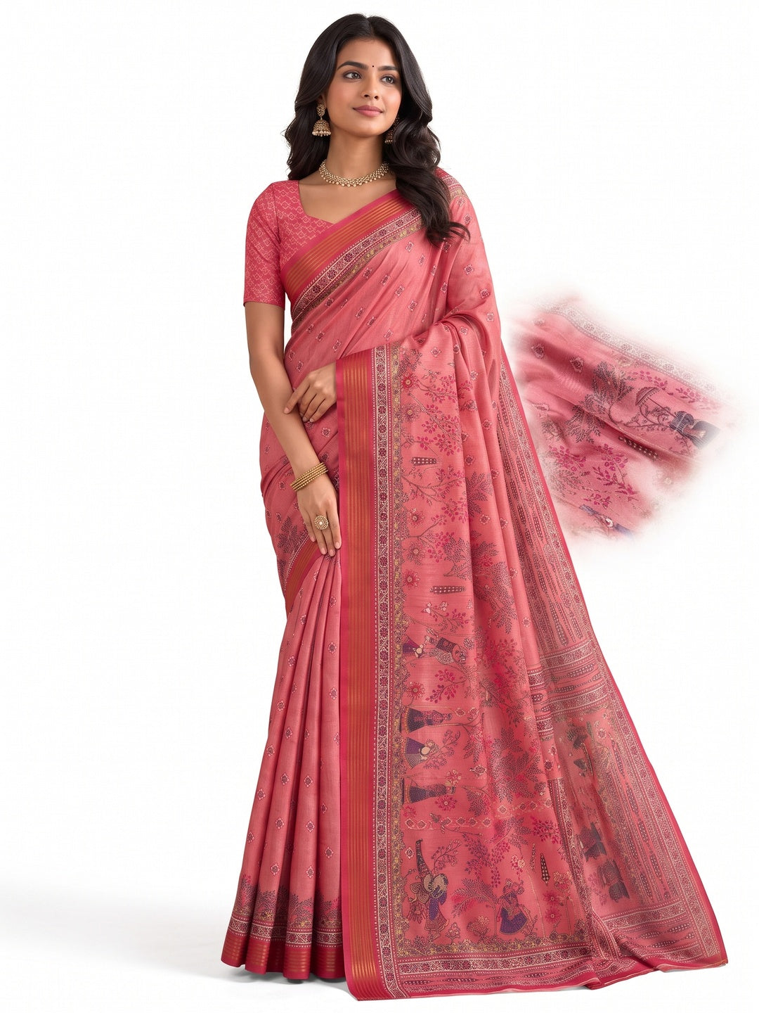 Peachmode Pink Cotton Silk Digital Printed Saree - Image 4