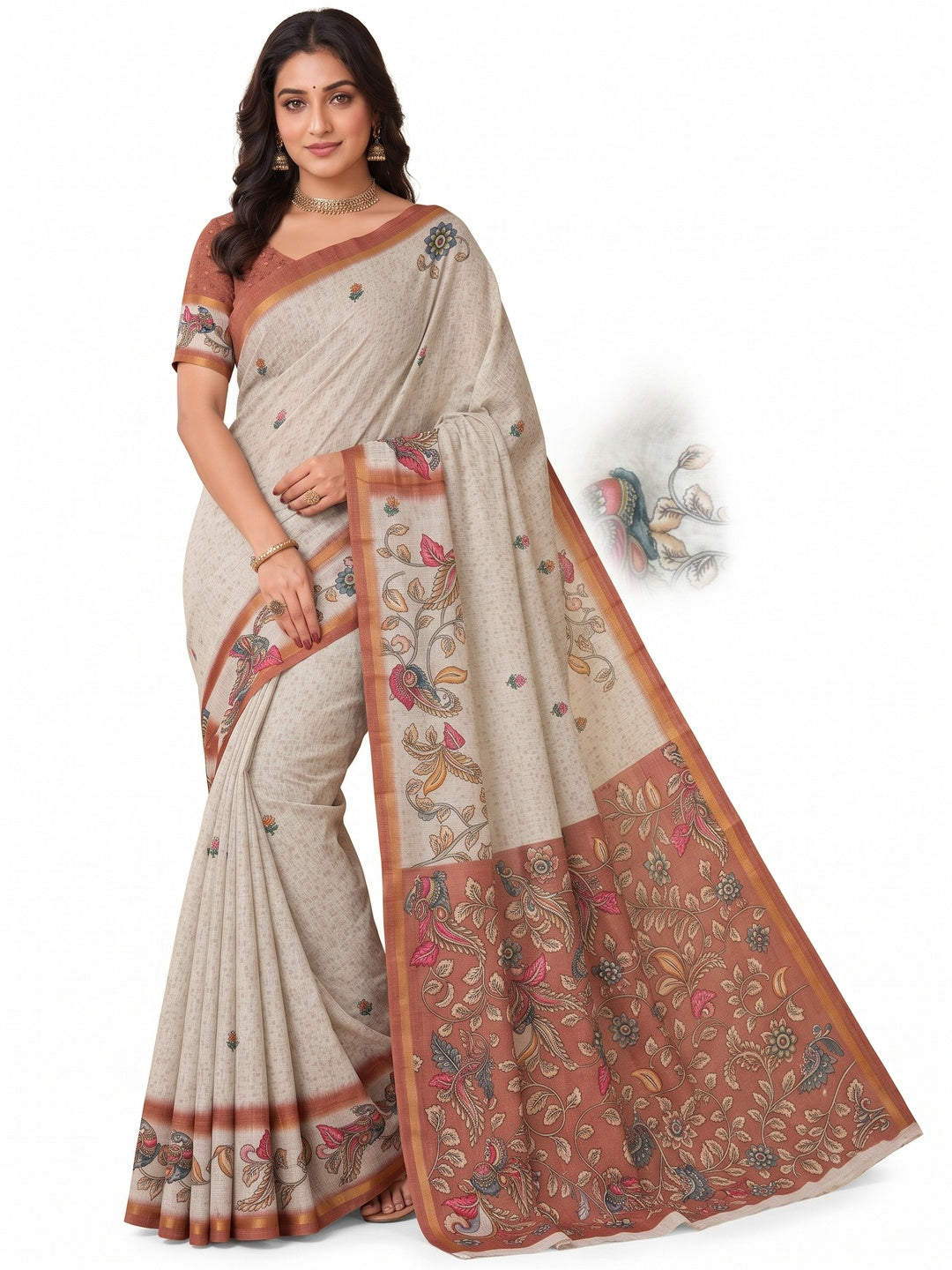 Peachmode Rust Linen Cotton Digital Printed Saree - Image 4