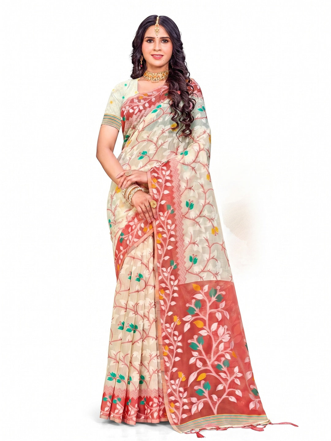 Peachmode Red Cotton Blend Saree - Image 4