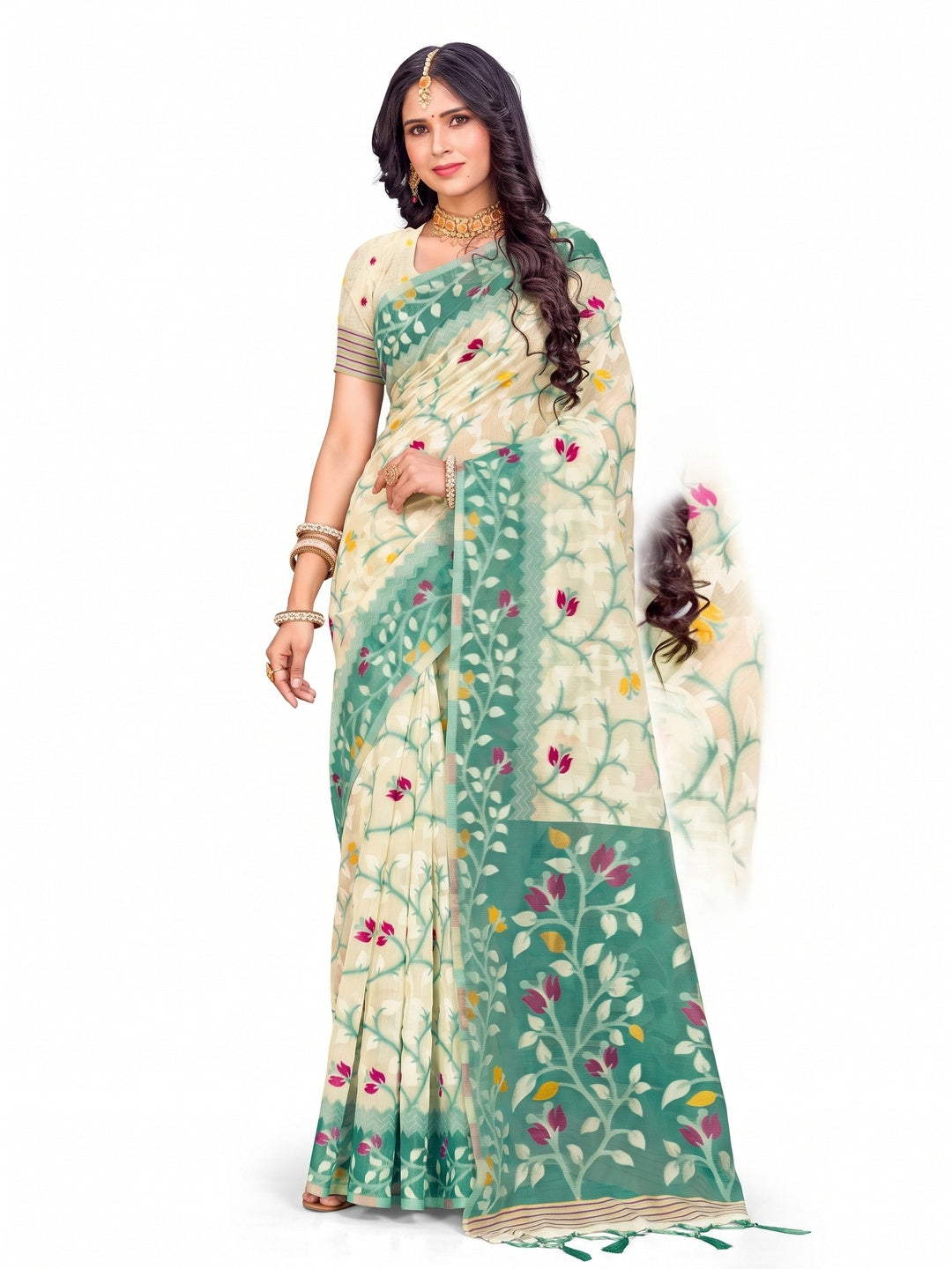 Peachmode Mint Green Cotton Blend Saree - Image 4