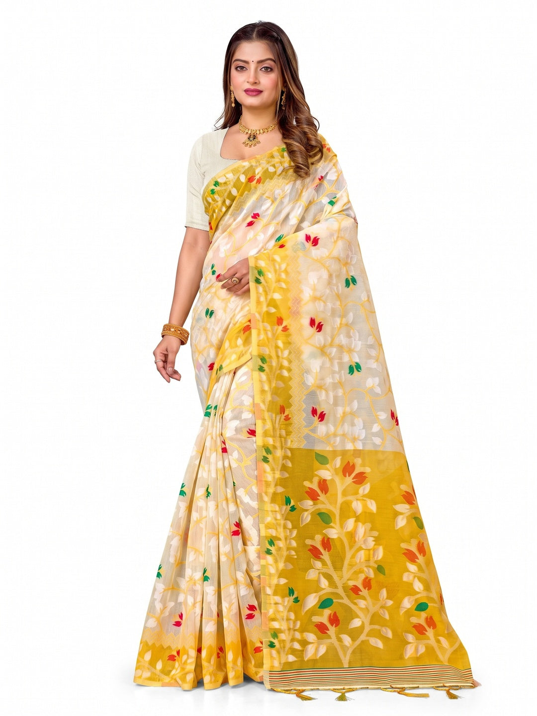 Peachmode Yellow Cotton Blend Kashish Saree - Image 4