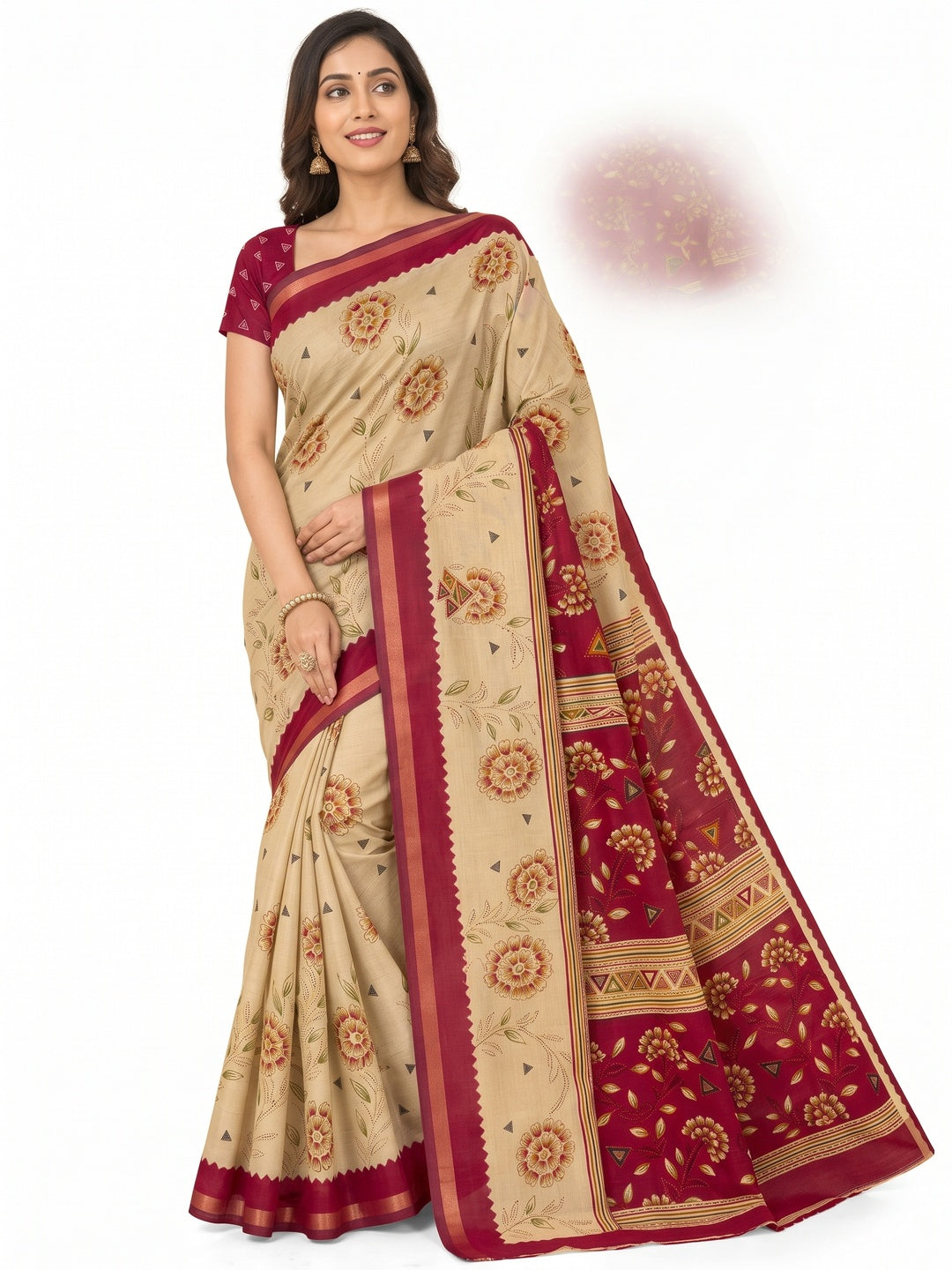 Peachmode Maroon Cotton Blend Floral Printed Saree - Image 4
