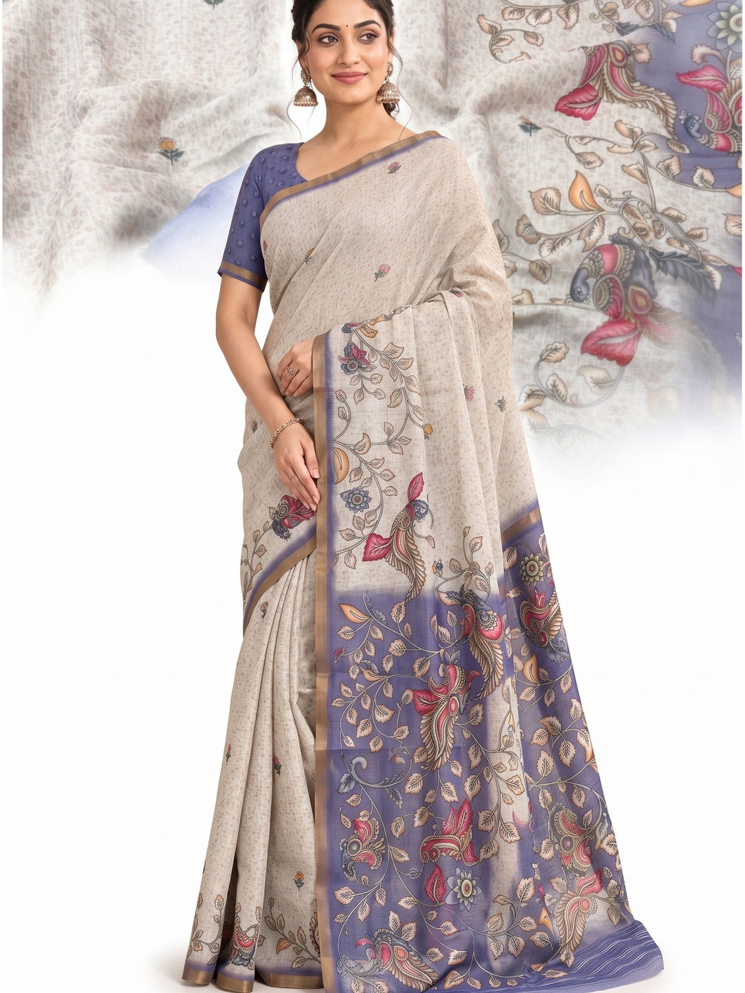 Peachmode Blue Linen Cotton Digital Printed Saree - Image 4