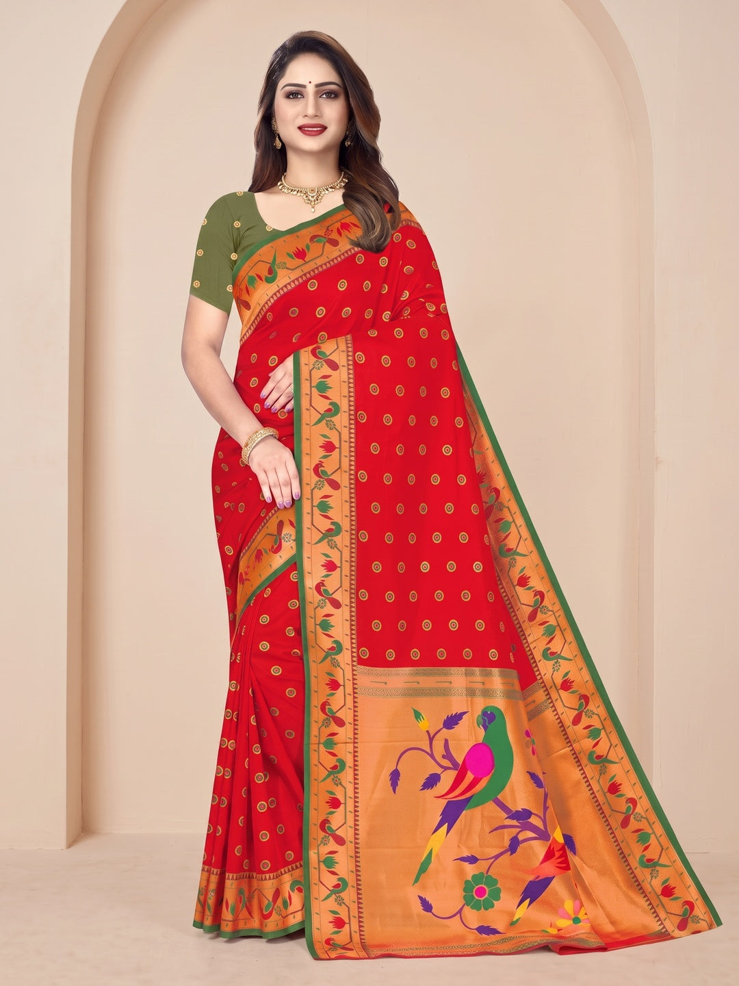 Peachmode Red Pure Silk Paithani Parrot Woven Saree - Image 2