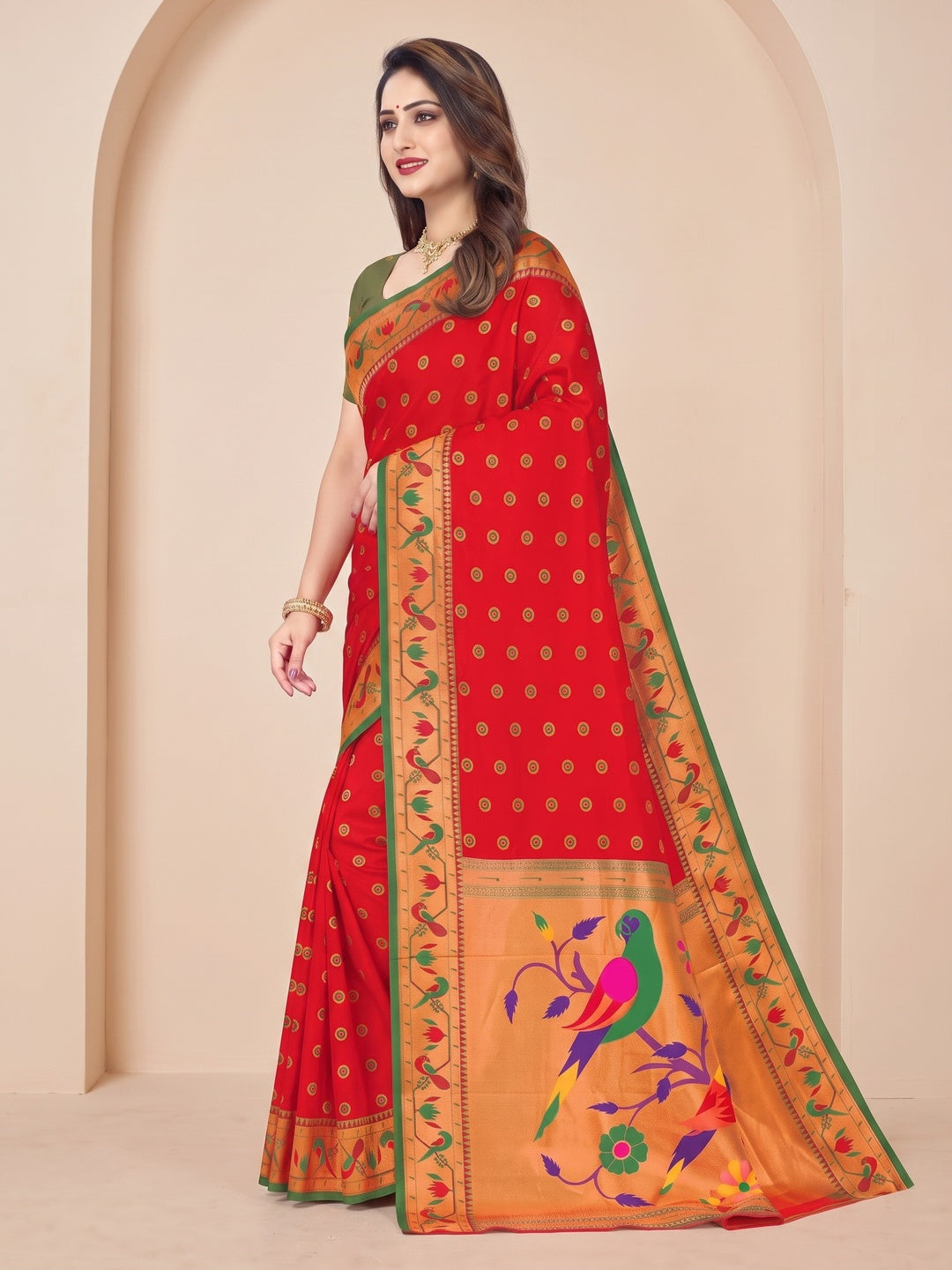 Peachmode Red Pure Silk Paithani Parrot Woven Saree - Image 4
