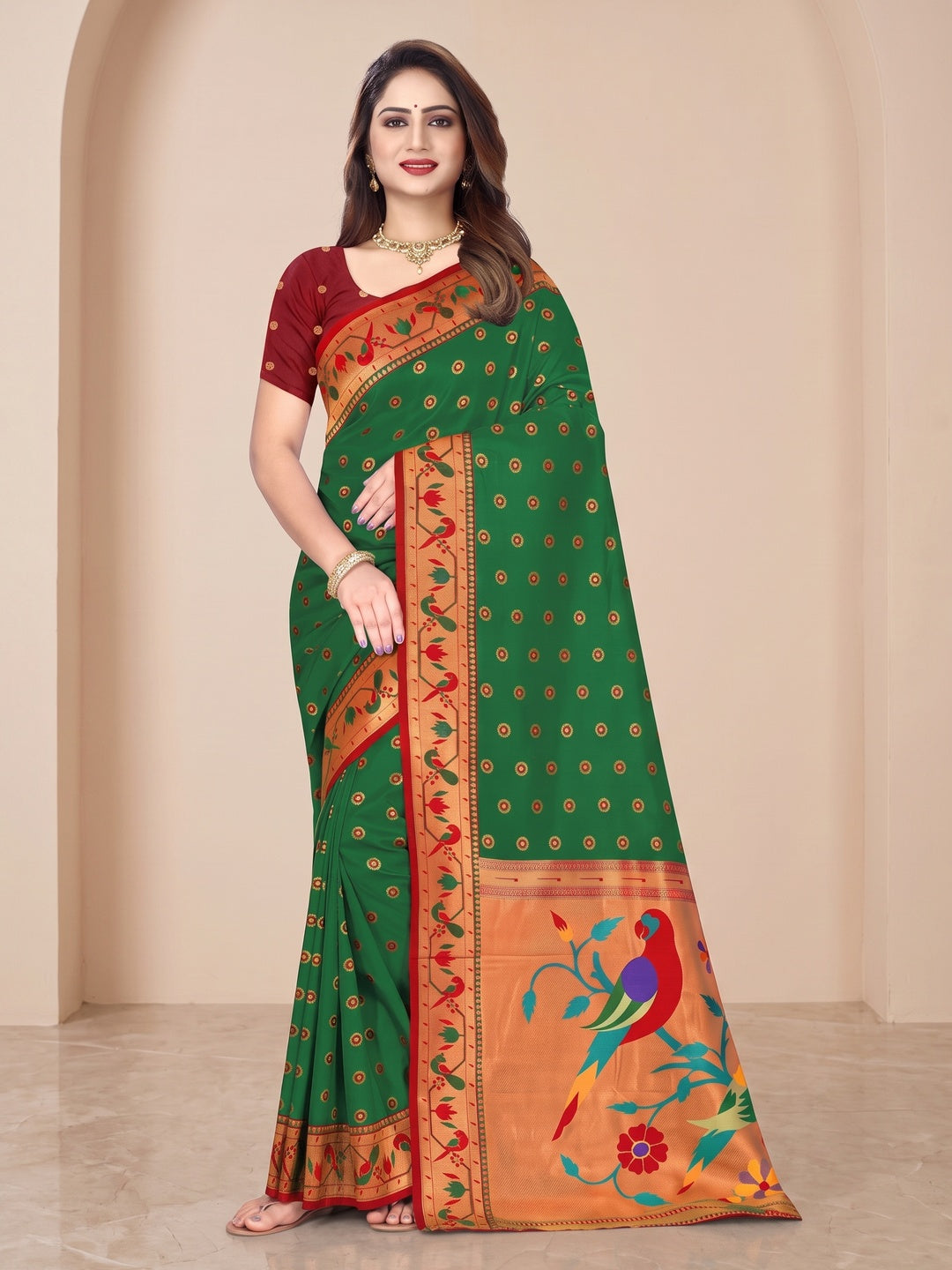 Peachmode Green Pure Silk Paithani Parrot Woven Saree - Image 2