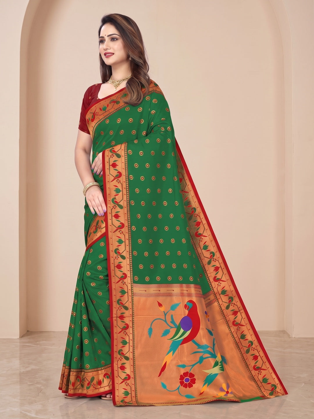 Peachmode Green Pure Silk Paithani Parrot Woven Saree - Image 4