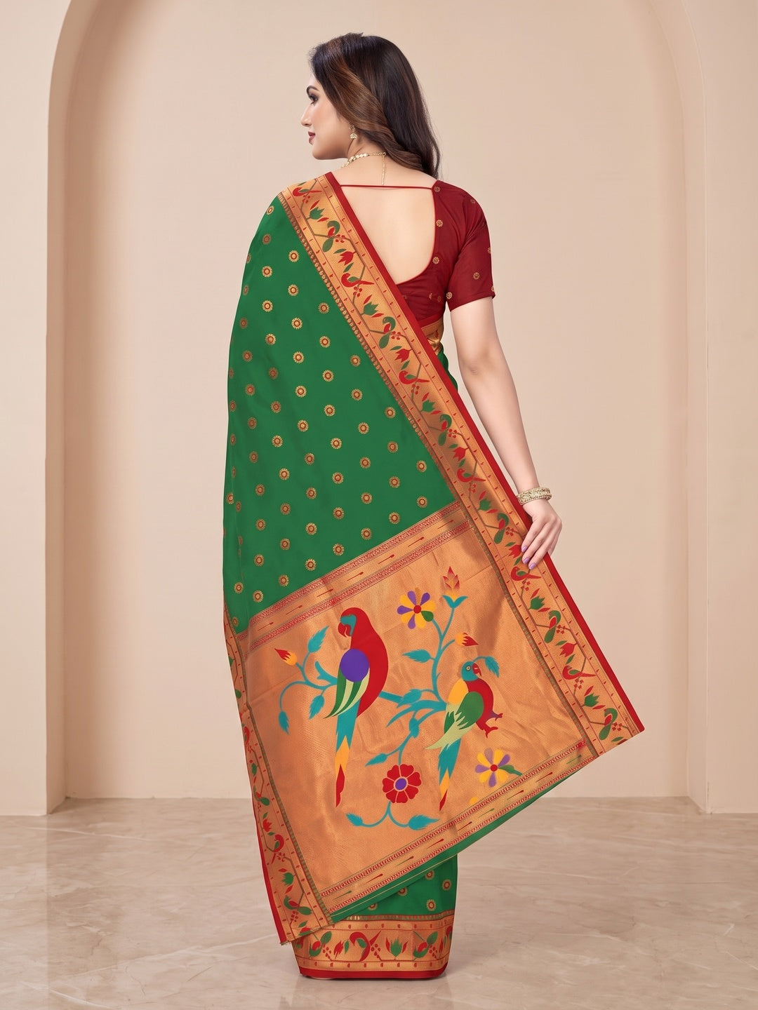 Peachmode Green Pure Silk Paithani Parrot Woven Saree - Image 5