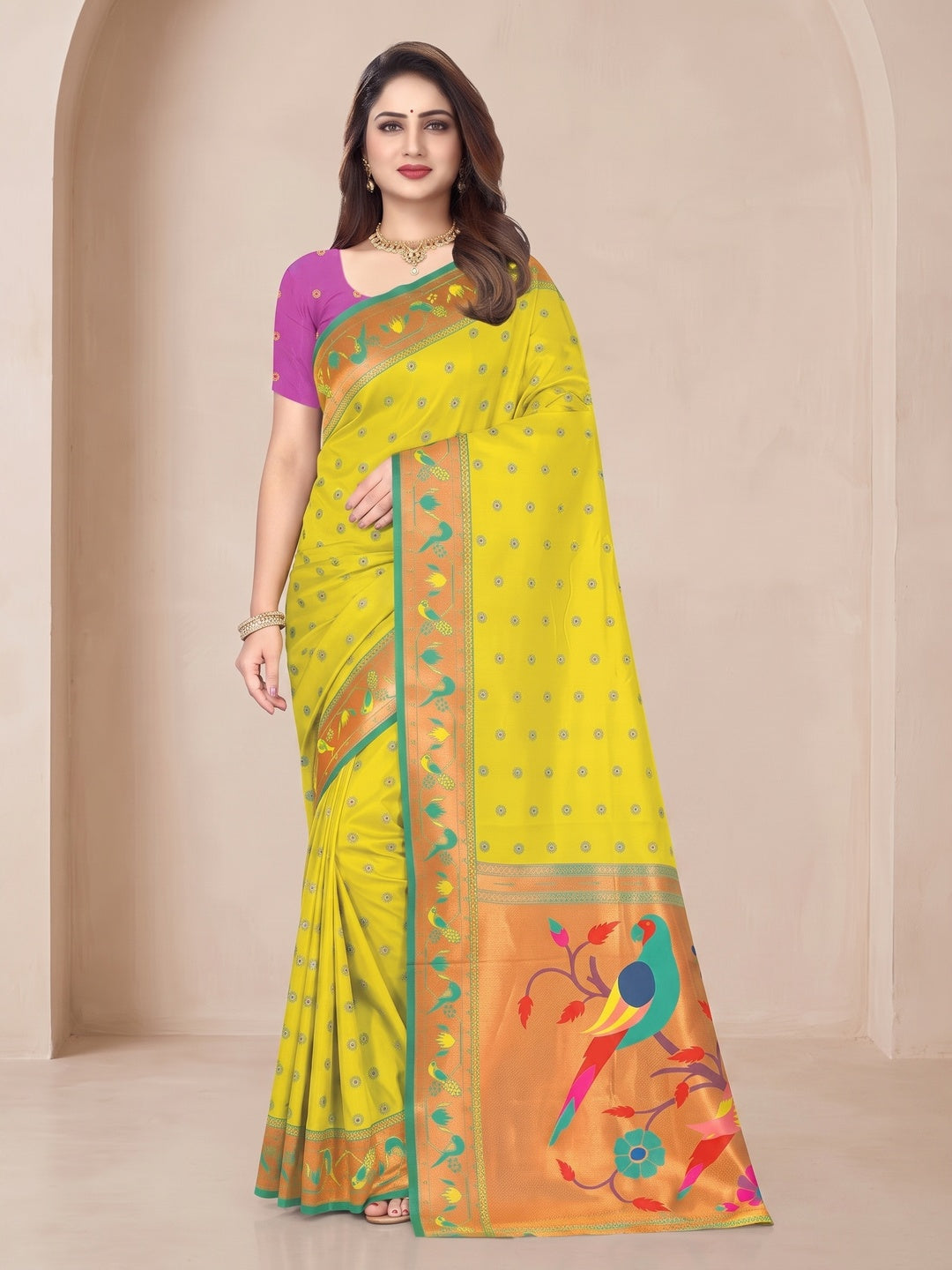 Peachmode Lime Yellow Pure Silk Paithani Parrot Woven Saree - Image 2