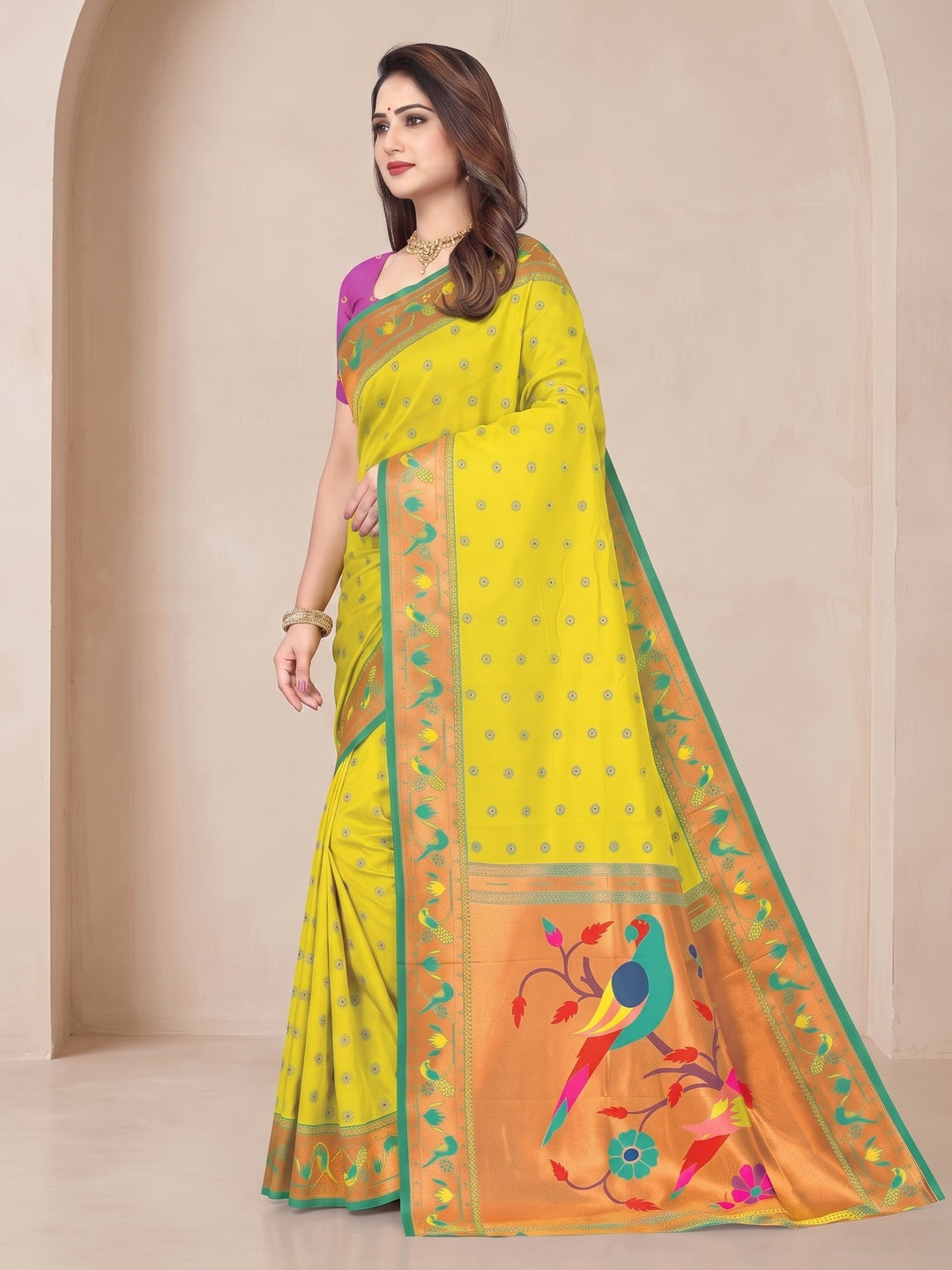 Peachmode Lime Yellow Pure Silk Paithani Parrot Woven Saree - Image 3