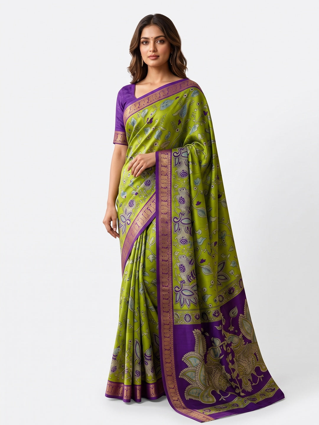 Peachmode Green Dola Silk Kalamkari Printed Saree - Image 4