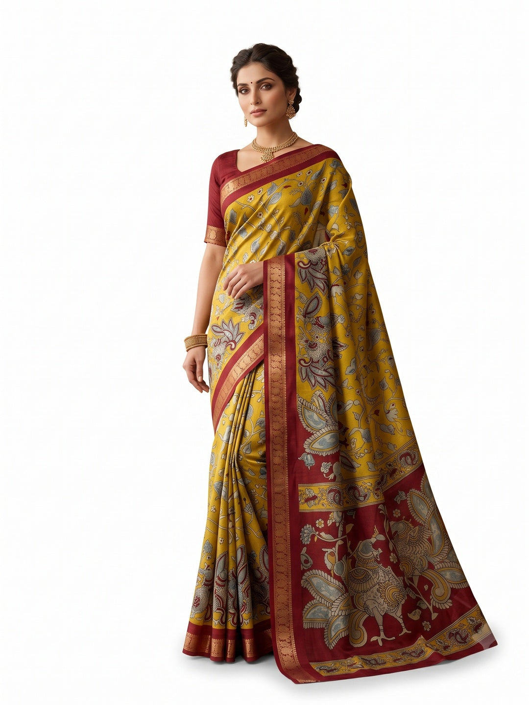 Peachmode Yellow Dola Silk Kalamkari Printed Saree - Image 4