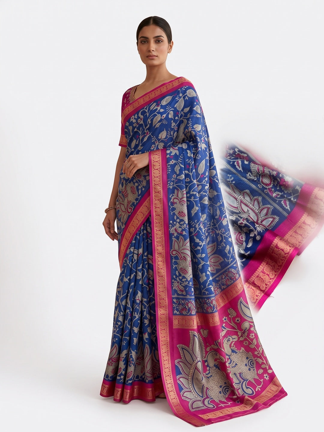 Peachmode Blue Dola Silk Kalamkari Printed Saree - Image 4