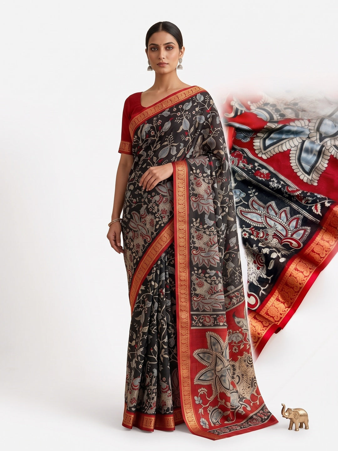 Peachmode Black Dola Silk Kalamkari Printed Saree - Image 4