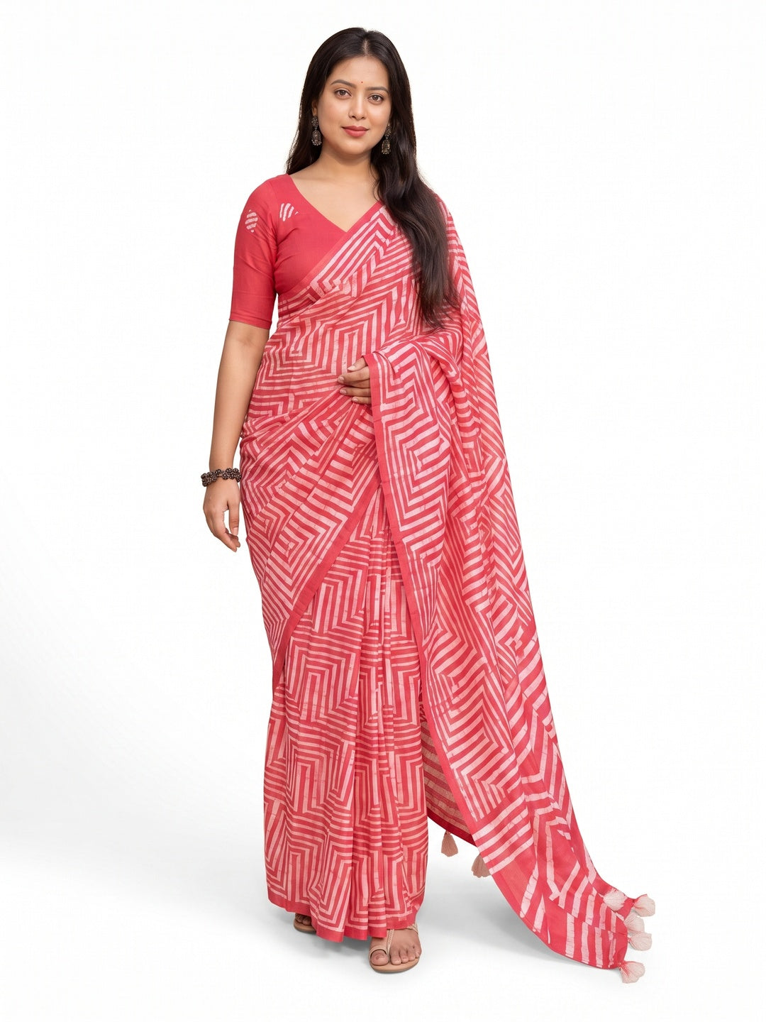 Peachmode Red Linen Cotton Floral Printed Saree - Image 3