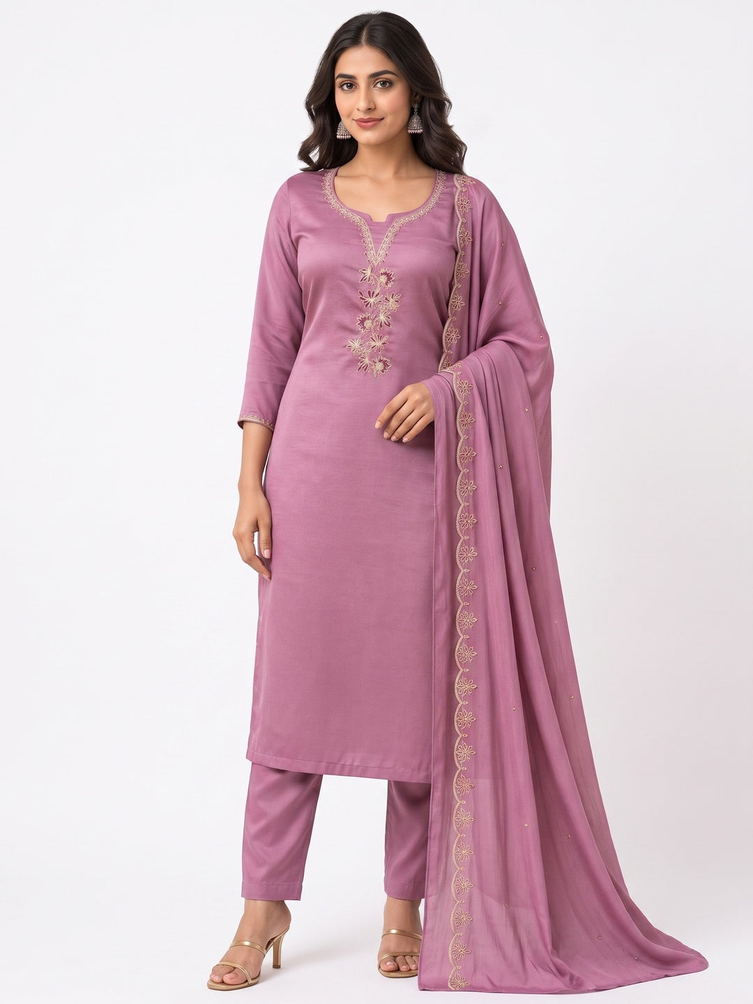 Peachmode Pink Satin Dress Material with Floral Embroidery - Image 3