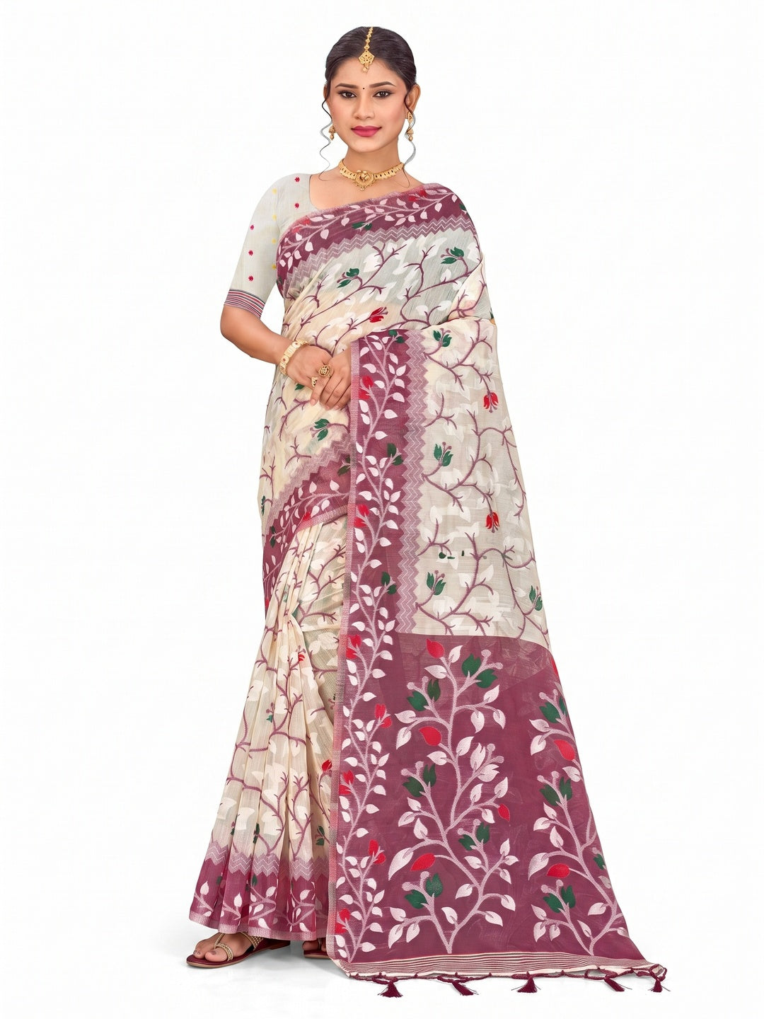 Peachmode Purple Cotton Blend Kashish Saree - Image 4