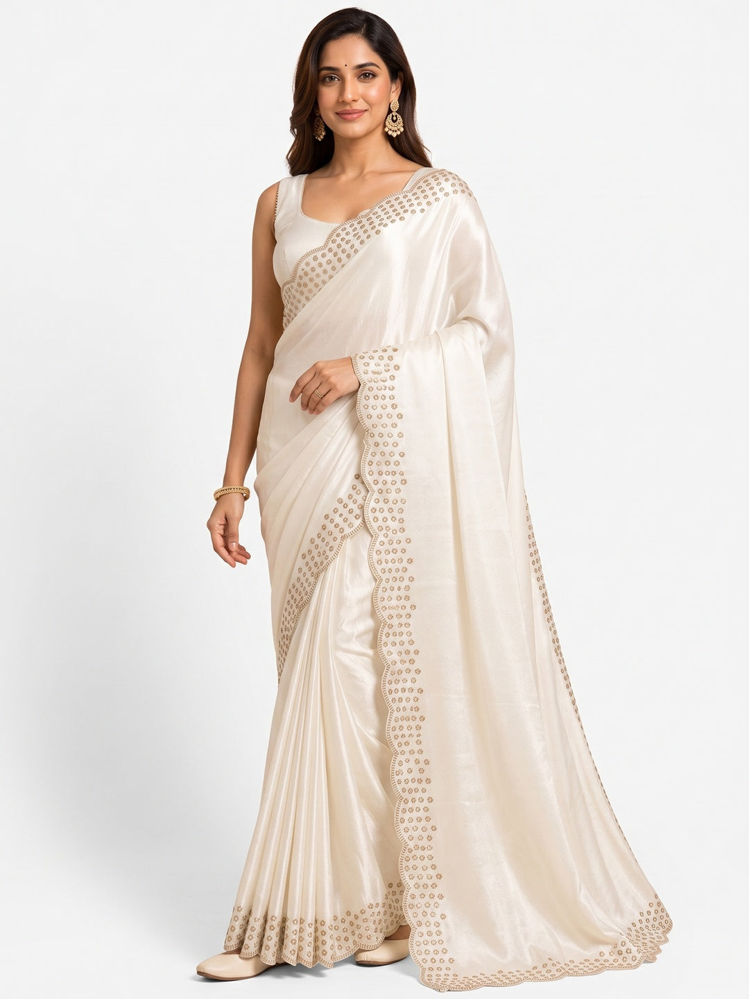 Peachmode Cream Fandy Satin Saree with Scalloped Cutwork Border - Image 4