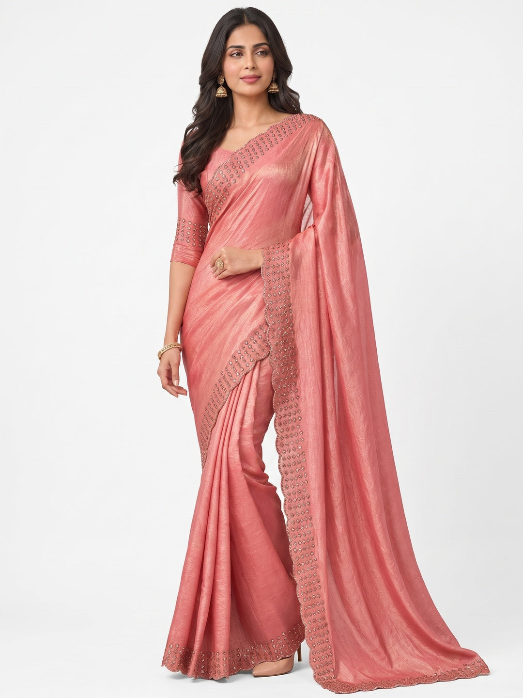 Peachmode Peach Fandy Satin Saree with Scalloped Cutwork Border - Image 4