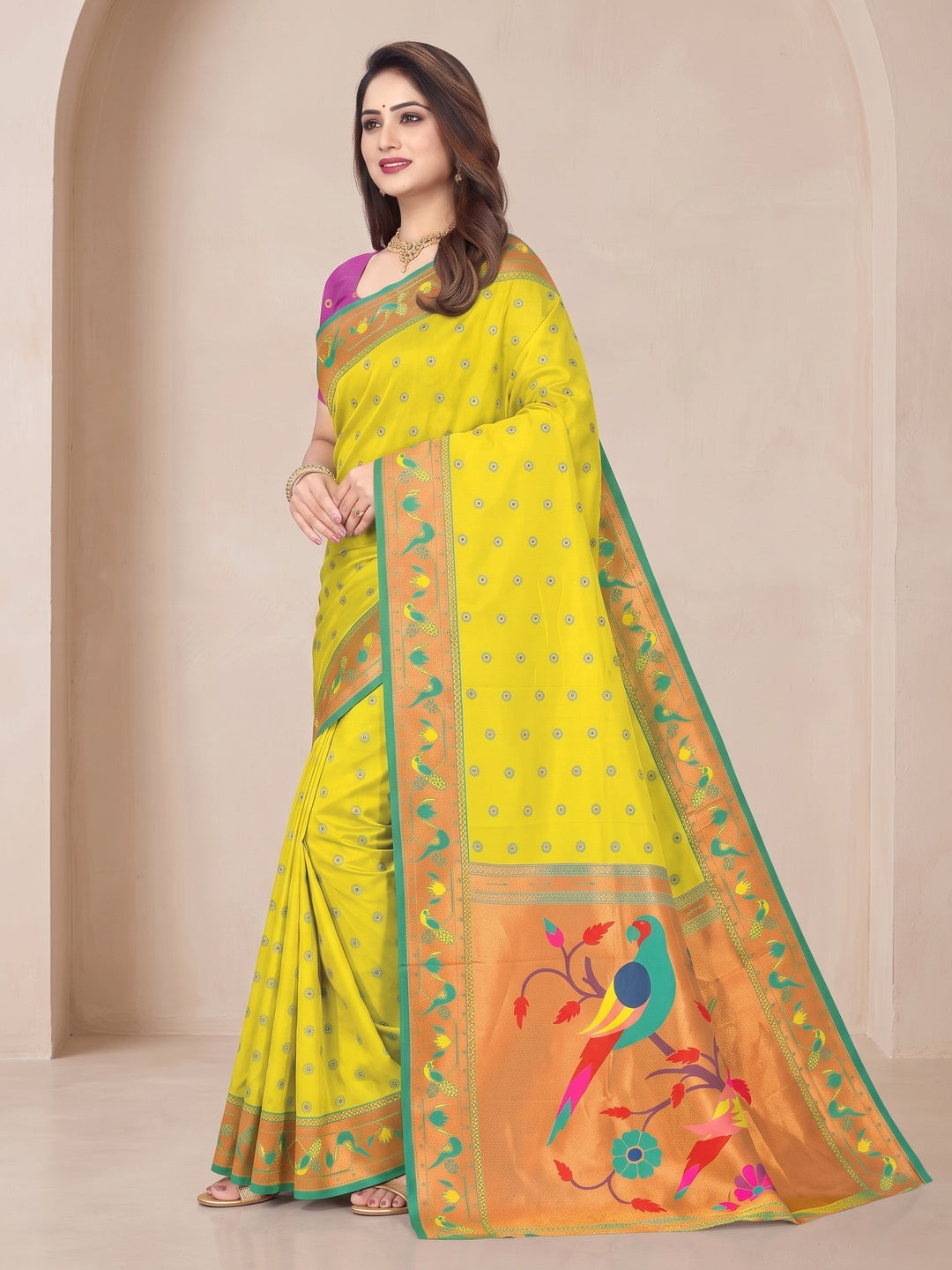 Peachmode Lime Yellow Pure Silk Paithani Parrot Woven Saree - Image 4