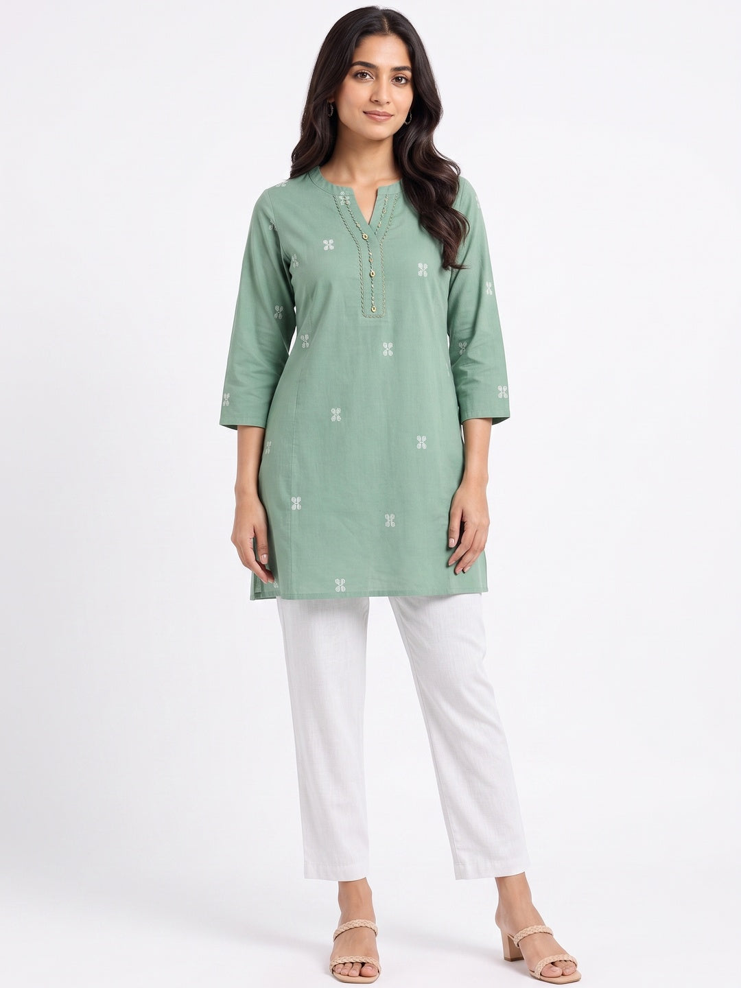 Green Pure Cotton Embroidered Short Top - Image 1