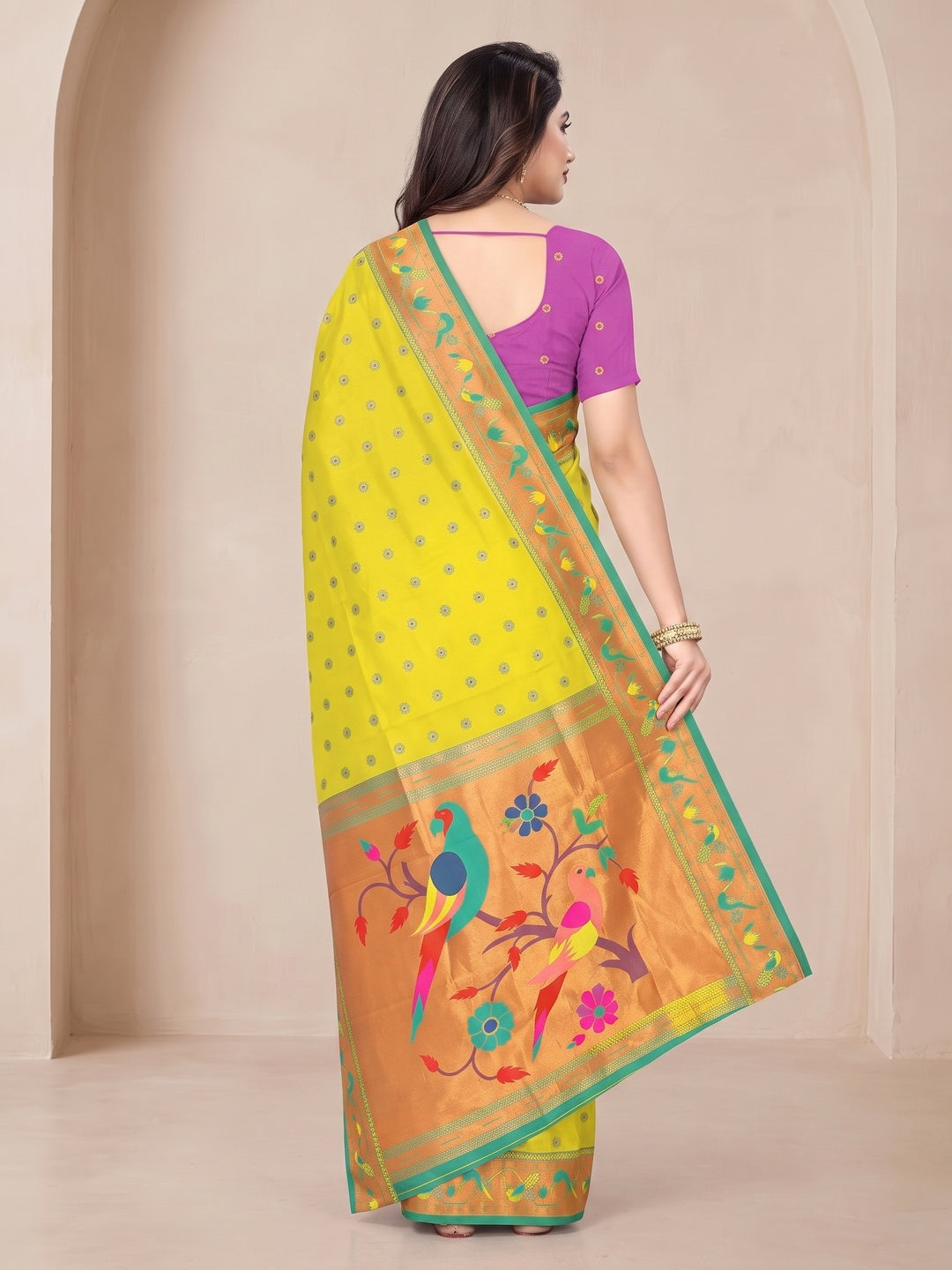Peachmode Lime Yellow Pure Silk Paithani Parrot Woven Saree - Image 5