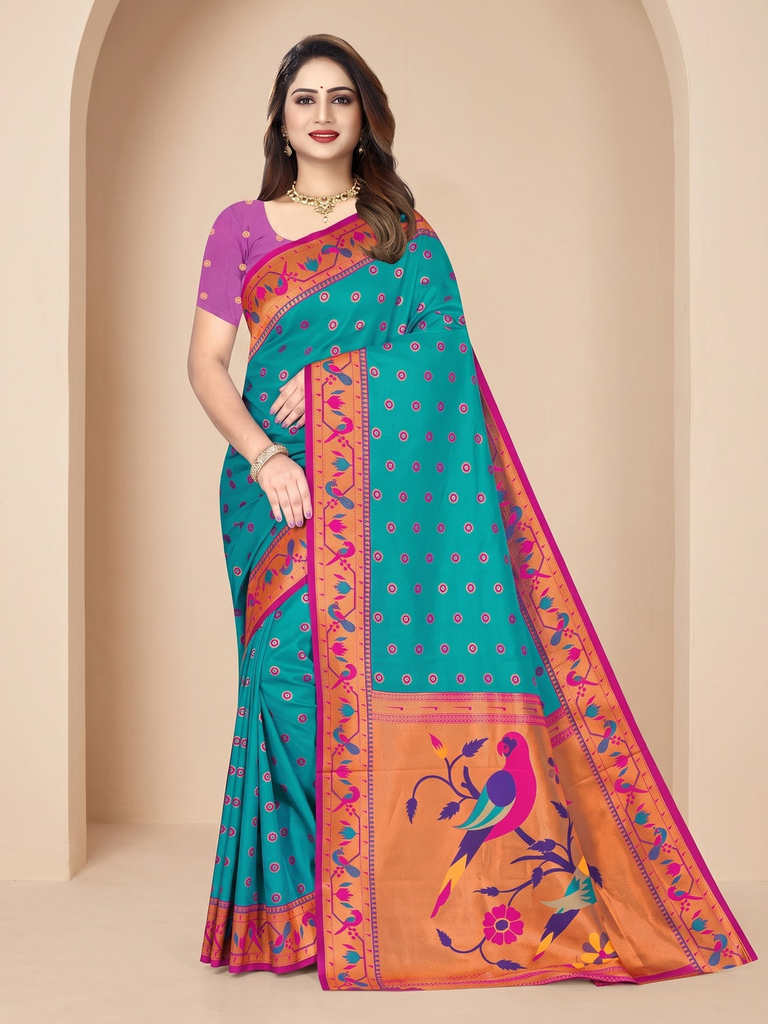 Peachmode Teal Pure Silk Paithani Parrot Woven Saree - Image 1