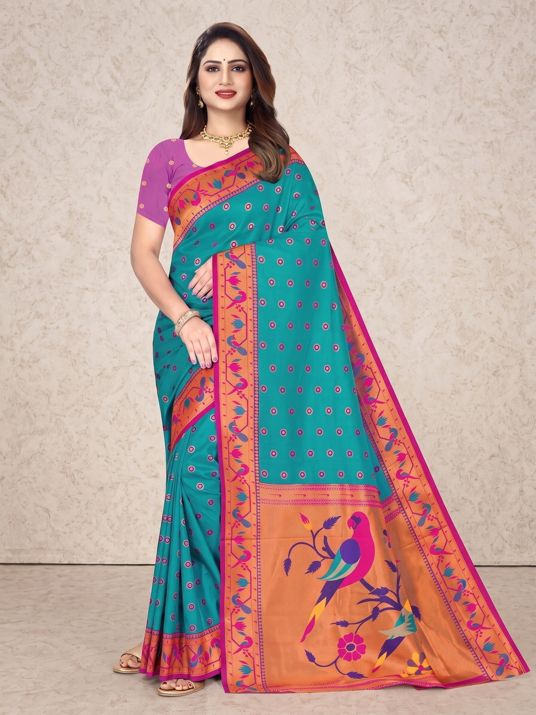 Peachmode Teal Pure Silk Paithani Parrot Woven Saree - Image 2