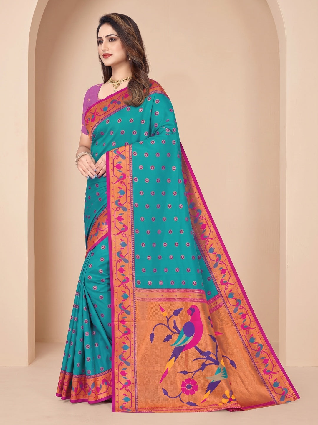 Peachmode Teal Pure Silk Paithani Parrot Woven Saree - Image 3
